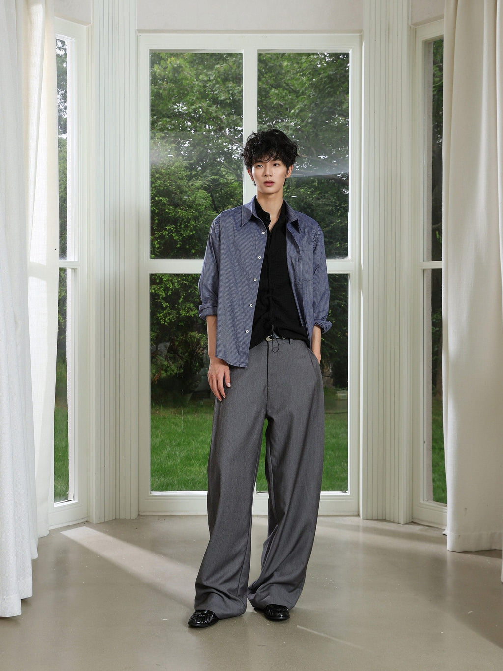 4JUNKS Pintuck Pleated Relaxed Fit Edgy Youth Casual Solid Denim Gray Wide Leg Pants