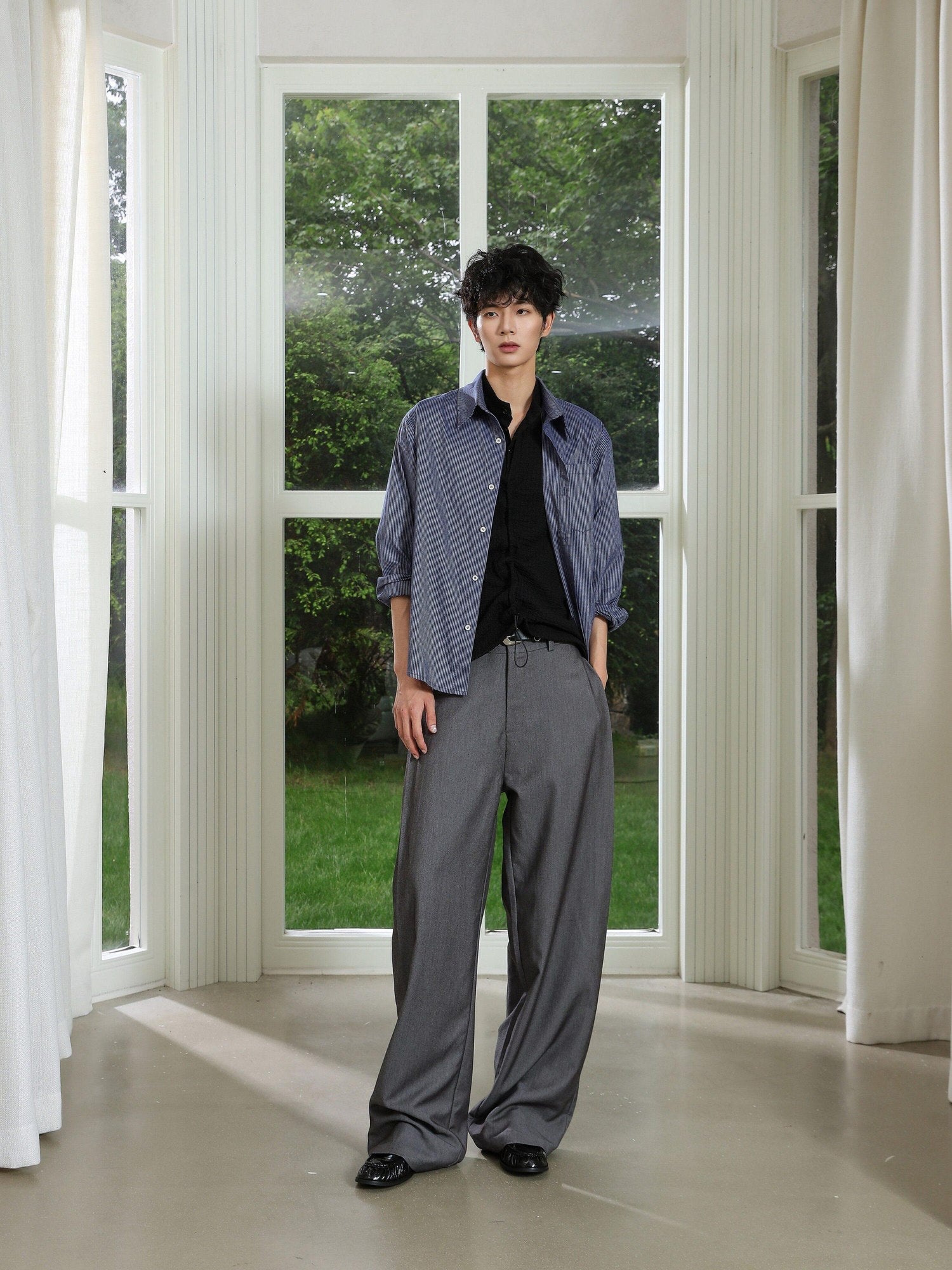 4JUNKS Pintuck Pleated Relaxed Fit Edgy Youth Casual Solid Denim Gray Wide Leg Pants