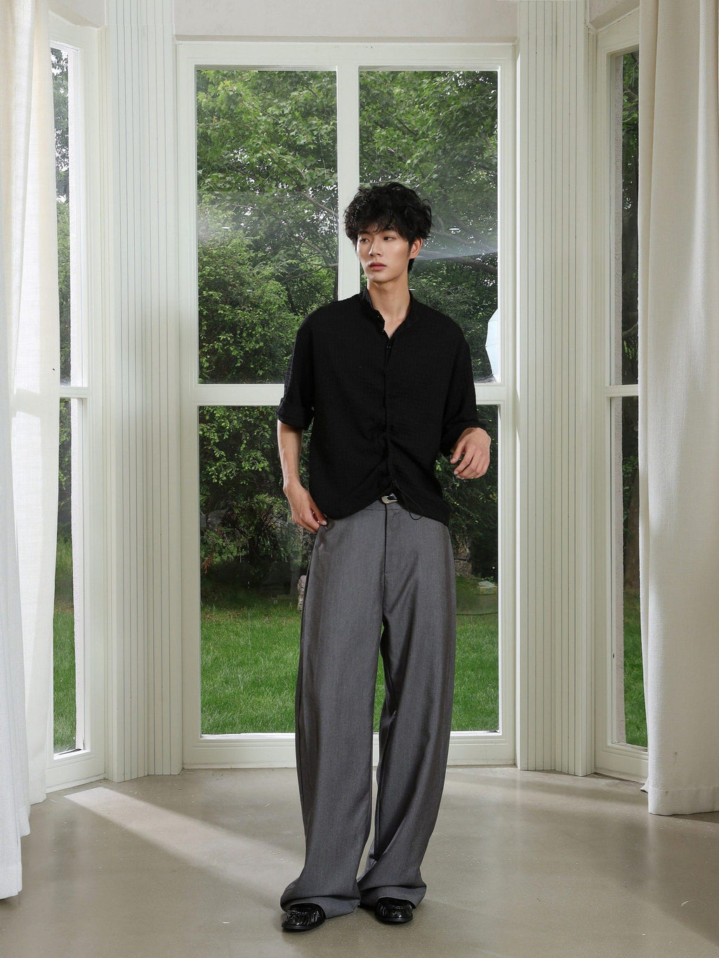 4JUNKS Pintuck Pleated Relaxed Fit Edgy Youth Casual Solid Denim Gray Wide Leg Pants