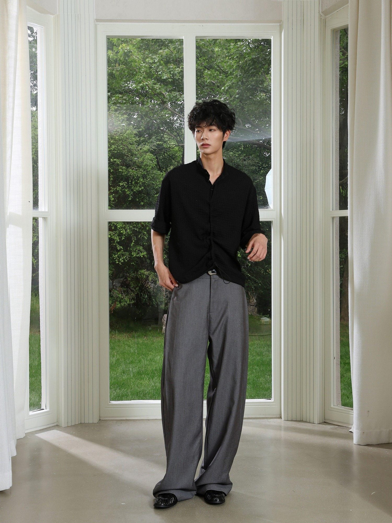 4JUNKS Pintuck Pleated Relaxed Fit Edgy Youth Casual Solid Denim Gray Wide Leg Pants