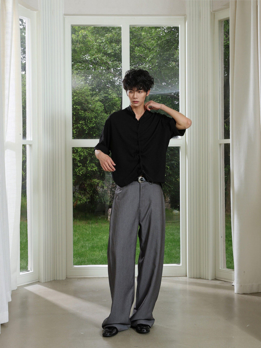4JUNKS Pintuck Pleated Relaxed Fit Edgy Youth Casual Solid Denim Gray Wide Leg Pants