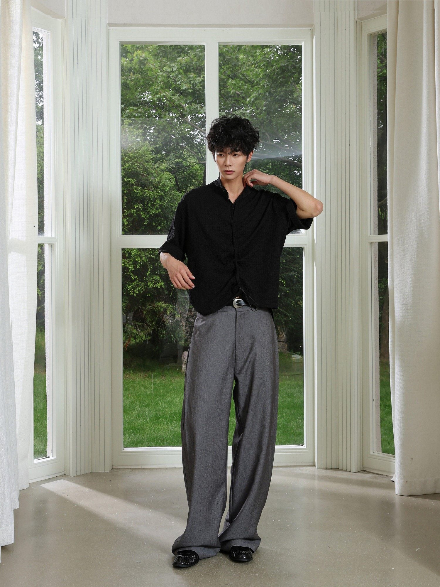 4JUNKS Pintuck Pleated Relaxed Fit Edgy Youth Casual Solid Denim Gray Wide Leg Pants