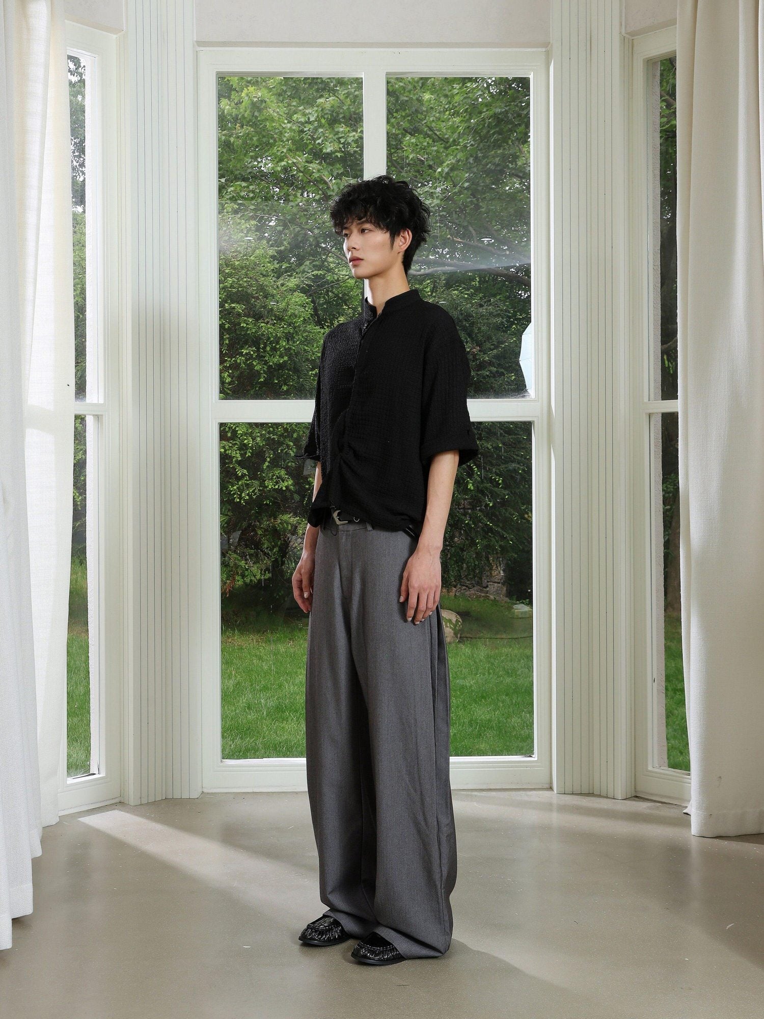 4JUNKS Pintuck Pleated Relaxed Fit Edgy Youth Casual Solid Denim Gray Wide Leg Pants