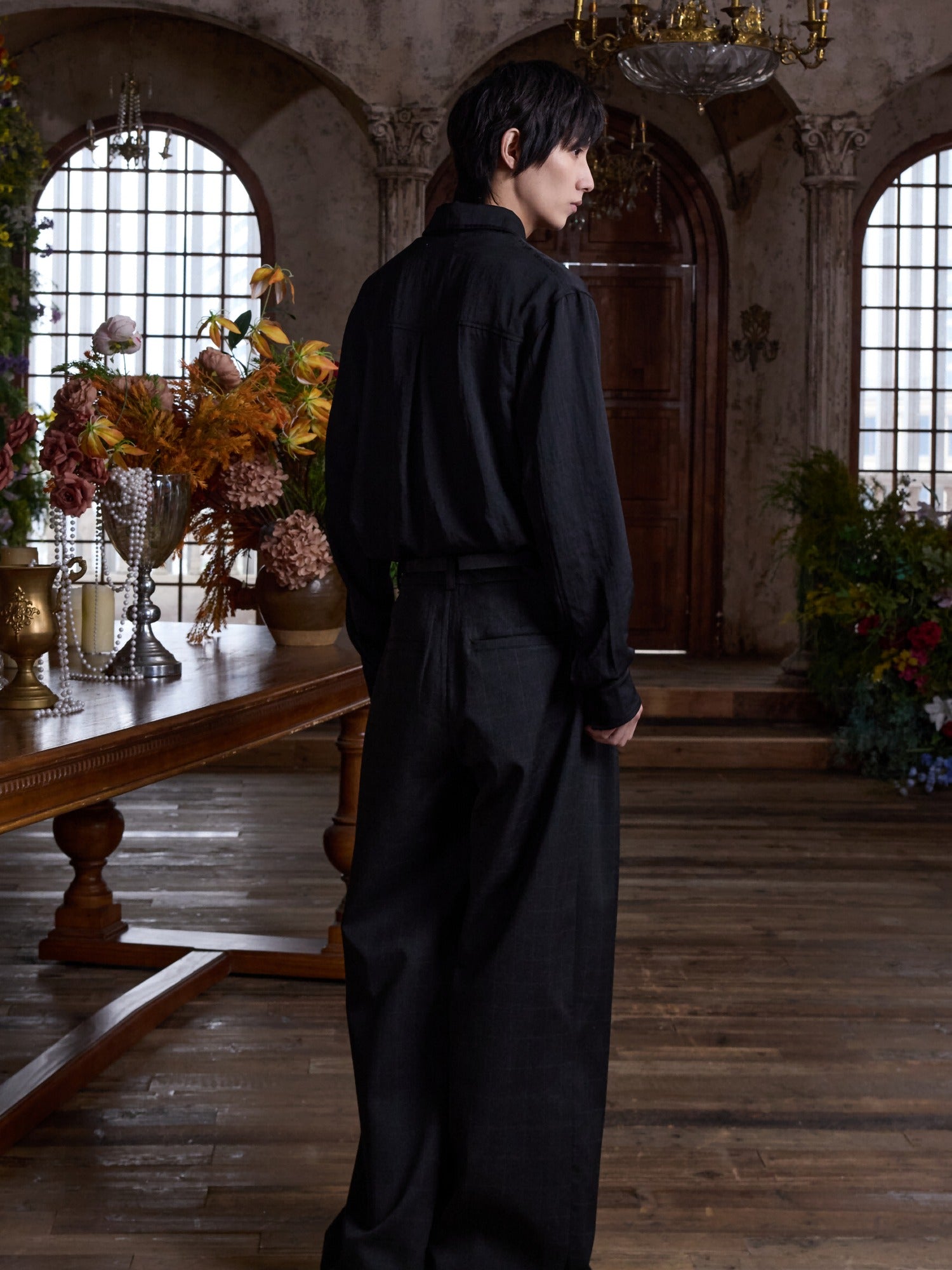 4JUNKS Pleated Cleanfit Slight Stretch Casual Poly Blend Black Gray Wide Leg Pants