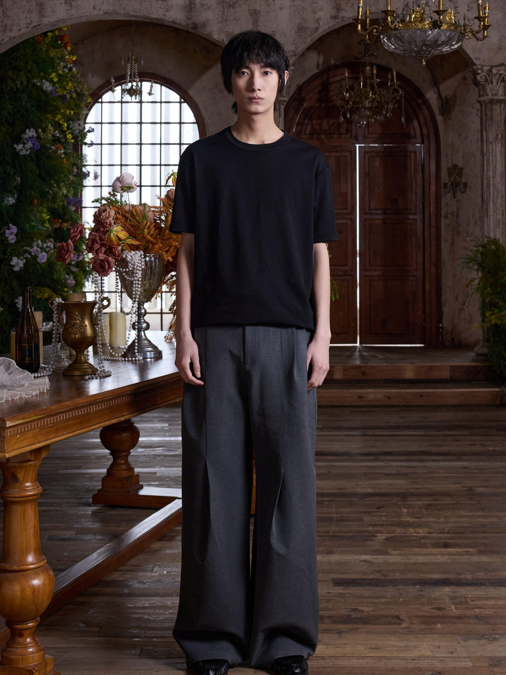 4JUNKS Pleated Cleanfit Slight Stretch Casual Poly Blend Black Gray Wide Leg Pants
