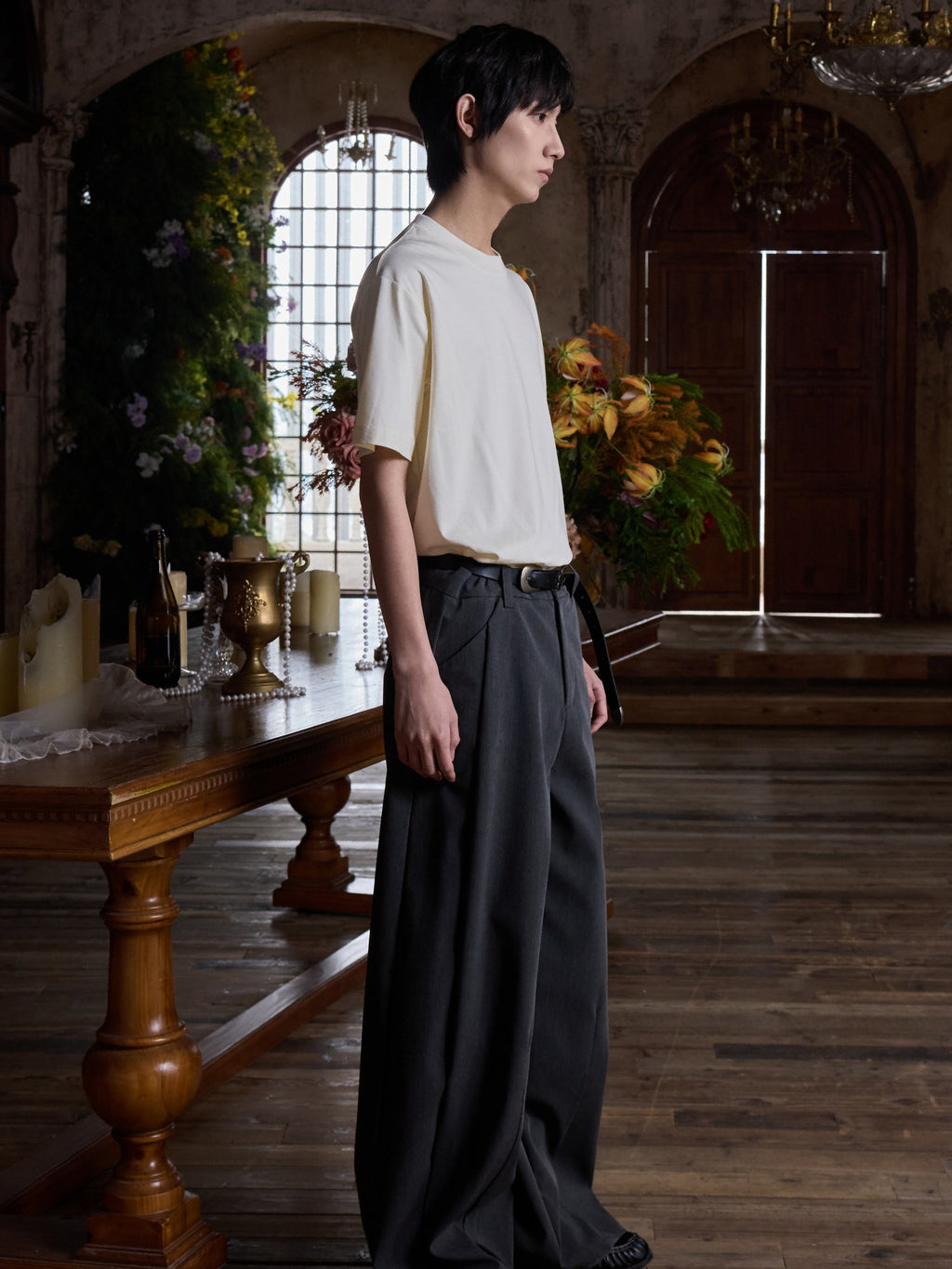 4JUNKS Pleated Cleanfit Slight Stretch Casual Poly Blend Black Gray Wide Leg Pants