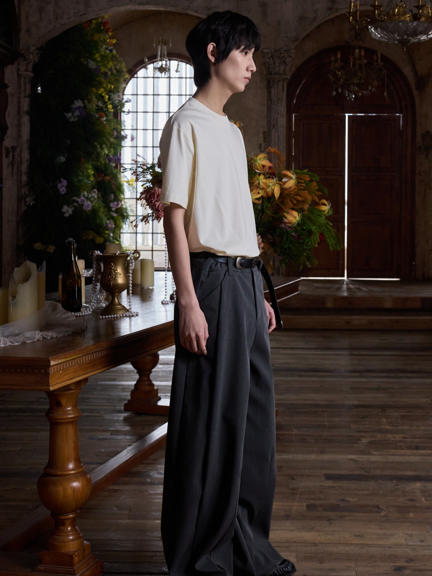 4JUNKS Pleated Cleanfit Slight Stretch Casual Poly Blend Black Gray Wide Leg Pants