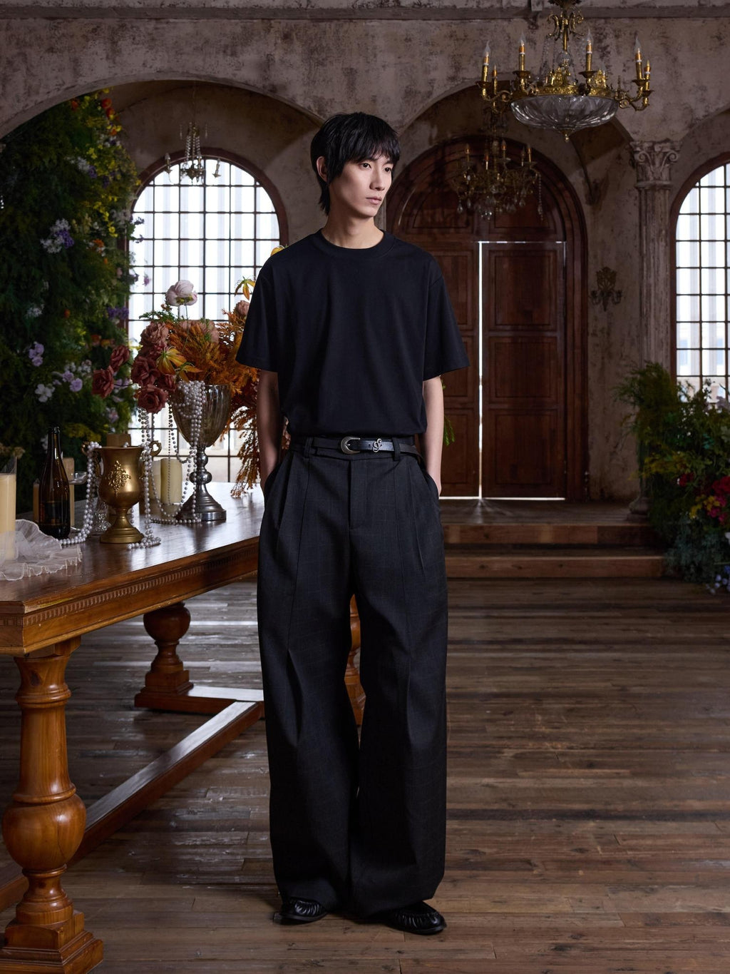 4JUNKS Pleated Cleanfit Slight Stretch Casual Poly Blend Black Gray Wide Leg Pants