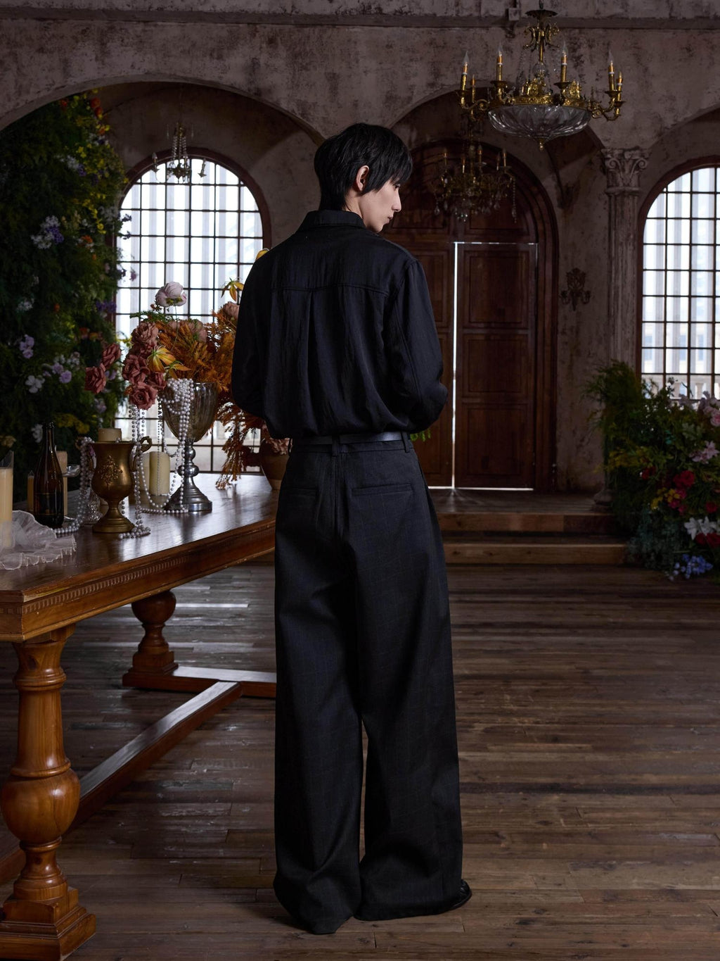 4JUNKS Pleated Cleanfit Slight Stretch Casual Poly Blend Black Gray Wide Leg Pants