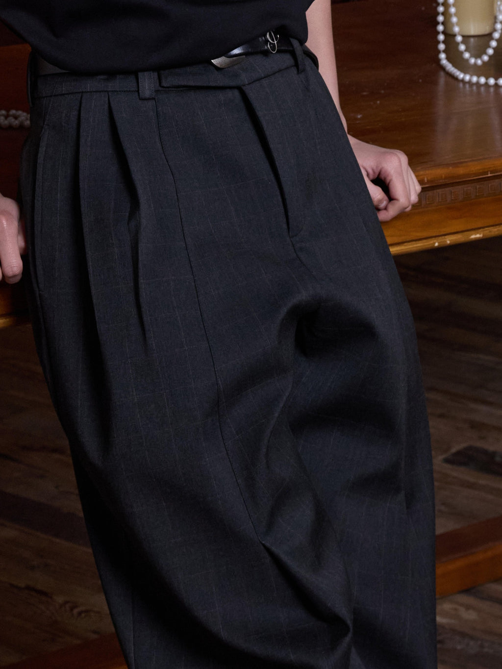 4JUNKS Pleated Cleanfit Slight Stretch Casual Poly Blend Black Gray Wide Leg Pants