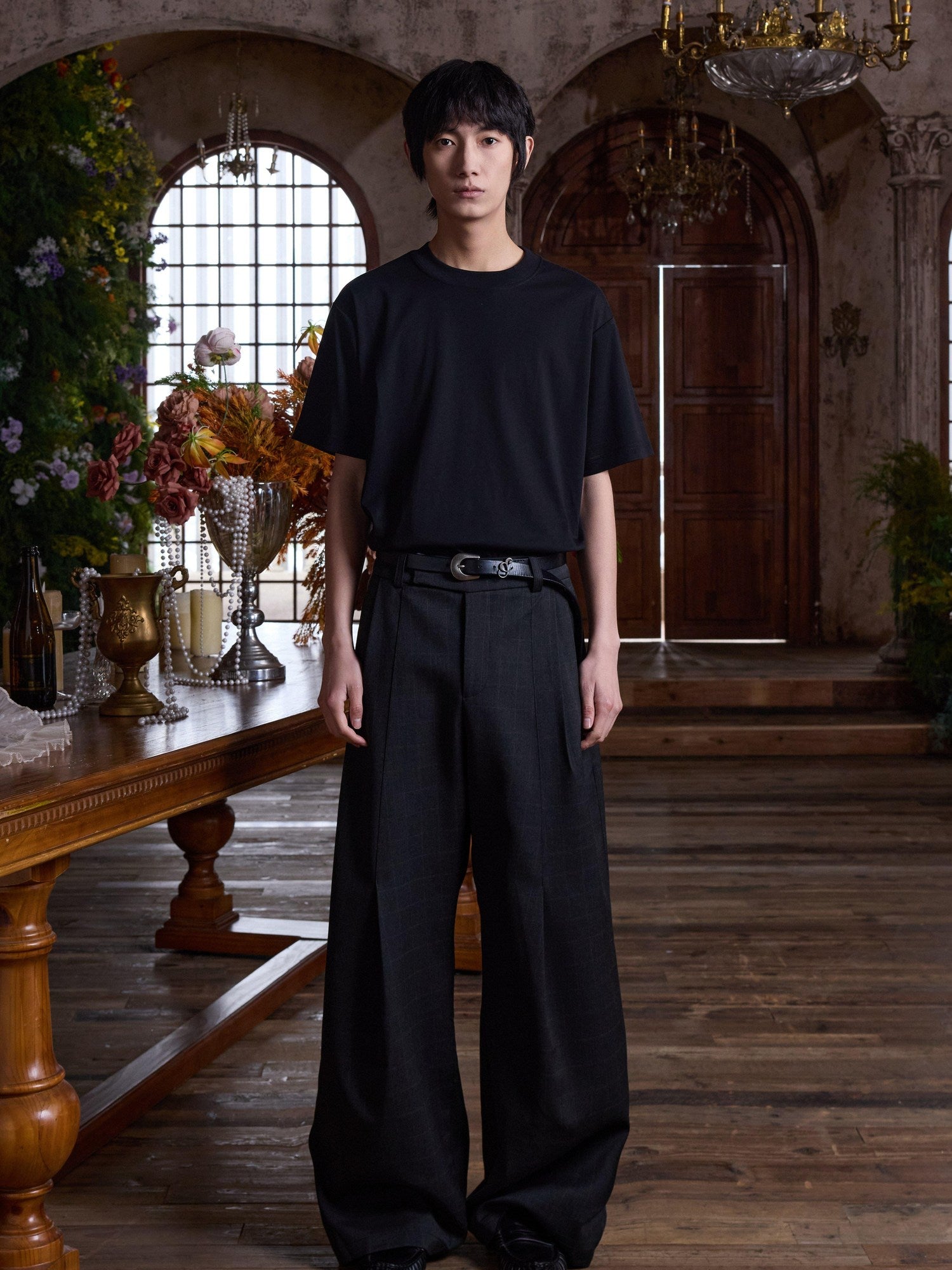 4JUNKS Pleated Cleanfit Slight Stretch Casual Poly Blend Black Gray Wide Leg Pants