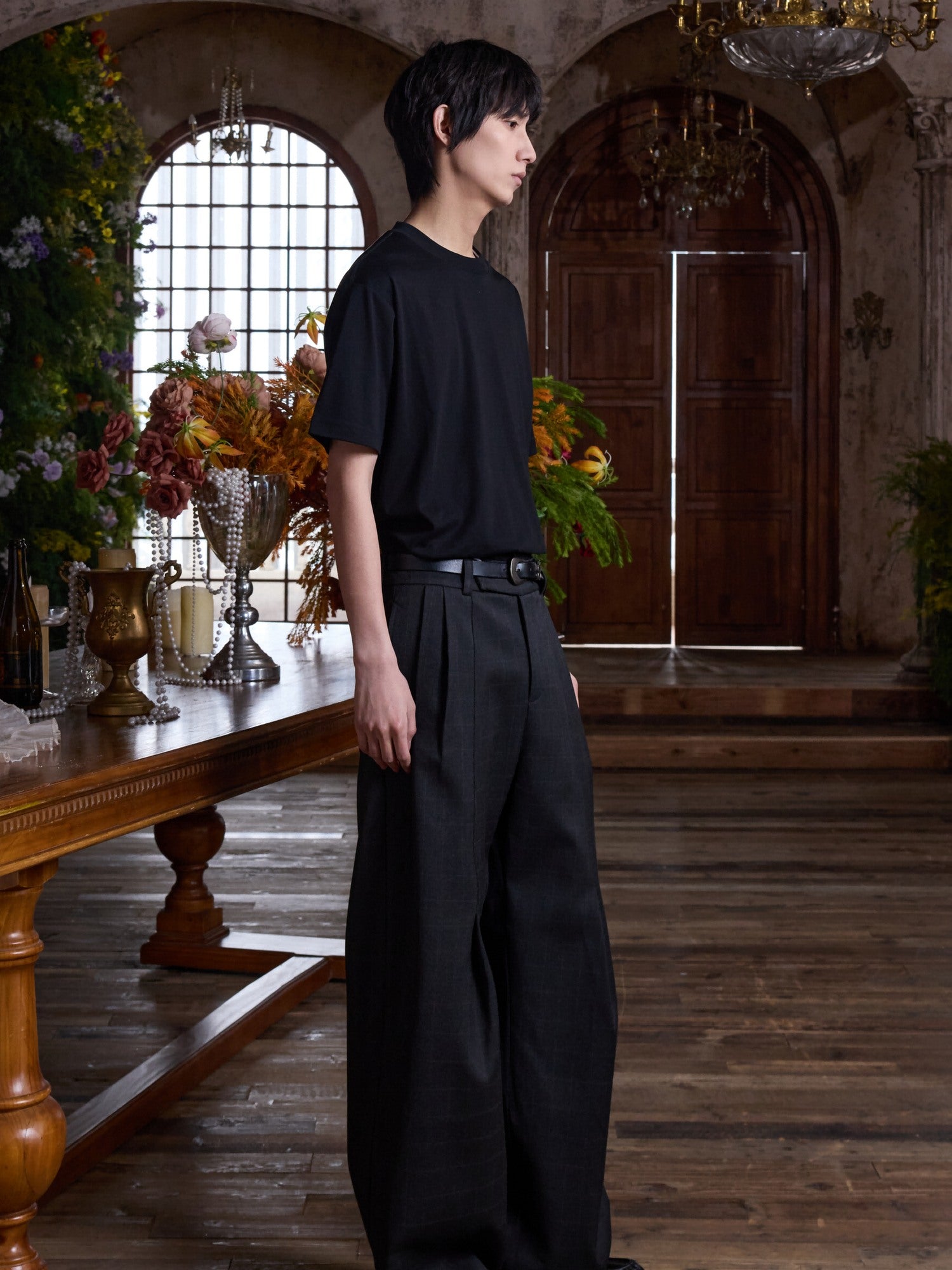 4JUNKS Pleated Cleanfit Slight Stretch Casual Poly Blend Black Gray Wide Leg Pants