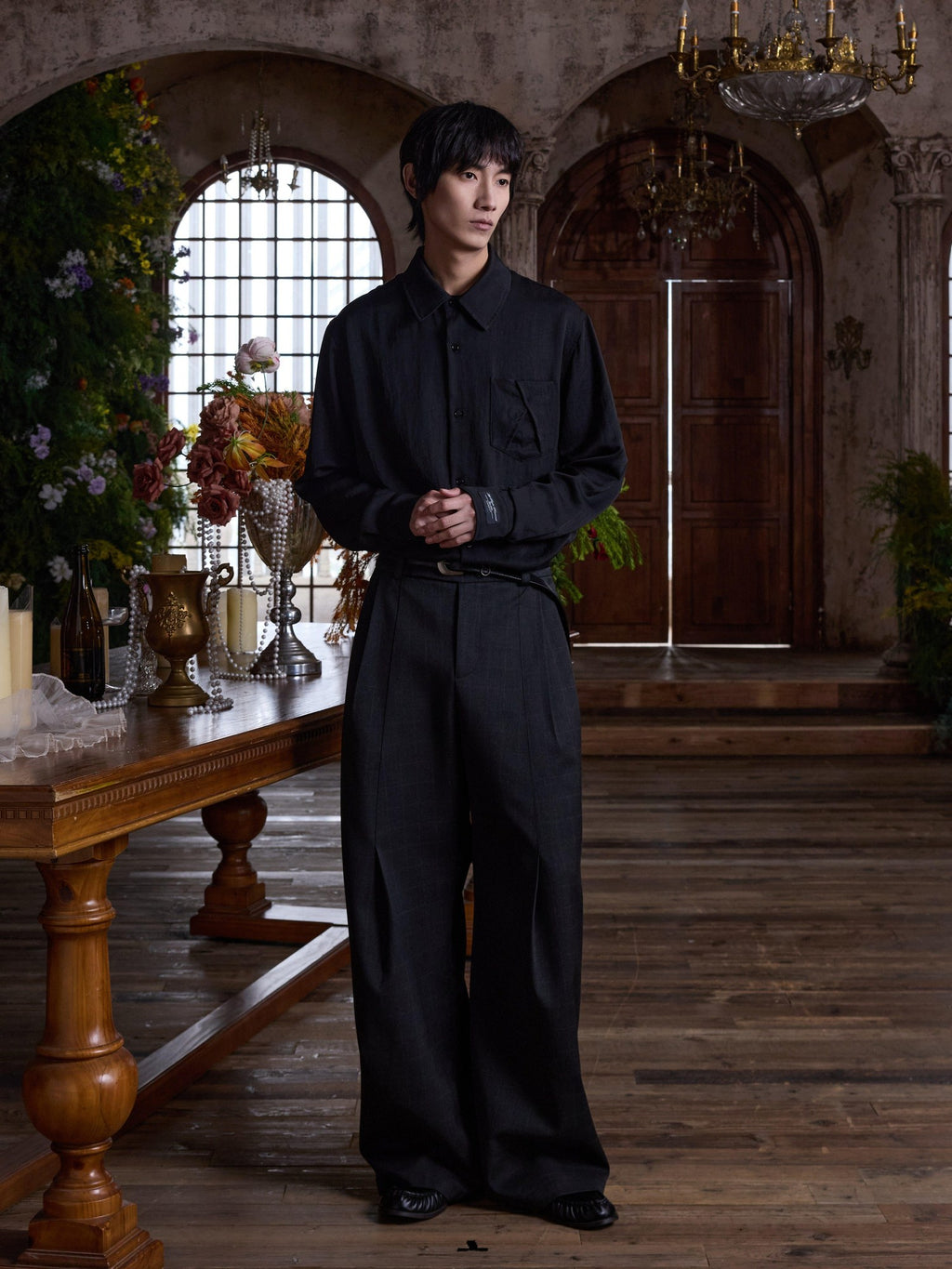 4JUNKS Pleated Cleanfit Slight Stretch Casual Poly Blend Black Gray Wide Leg Pants