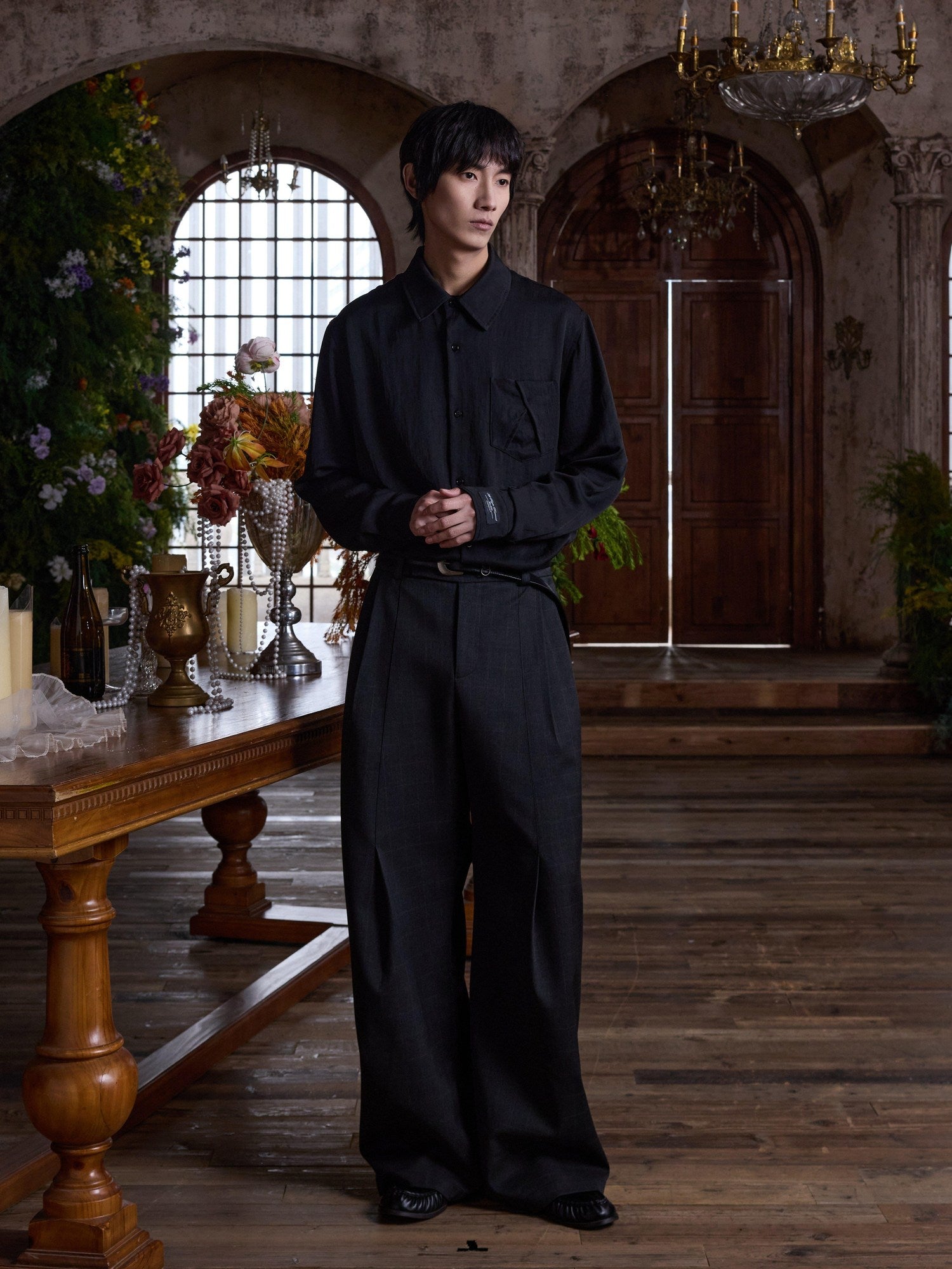 4JUNKS Pleated Cleanfit Slight Stretch Casual Poly Blend Black Gray Wide Leg Pants
