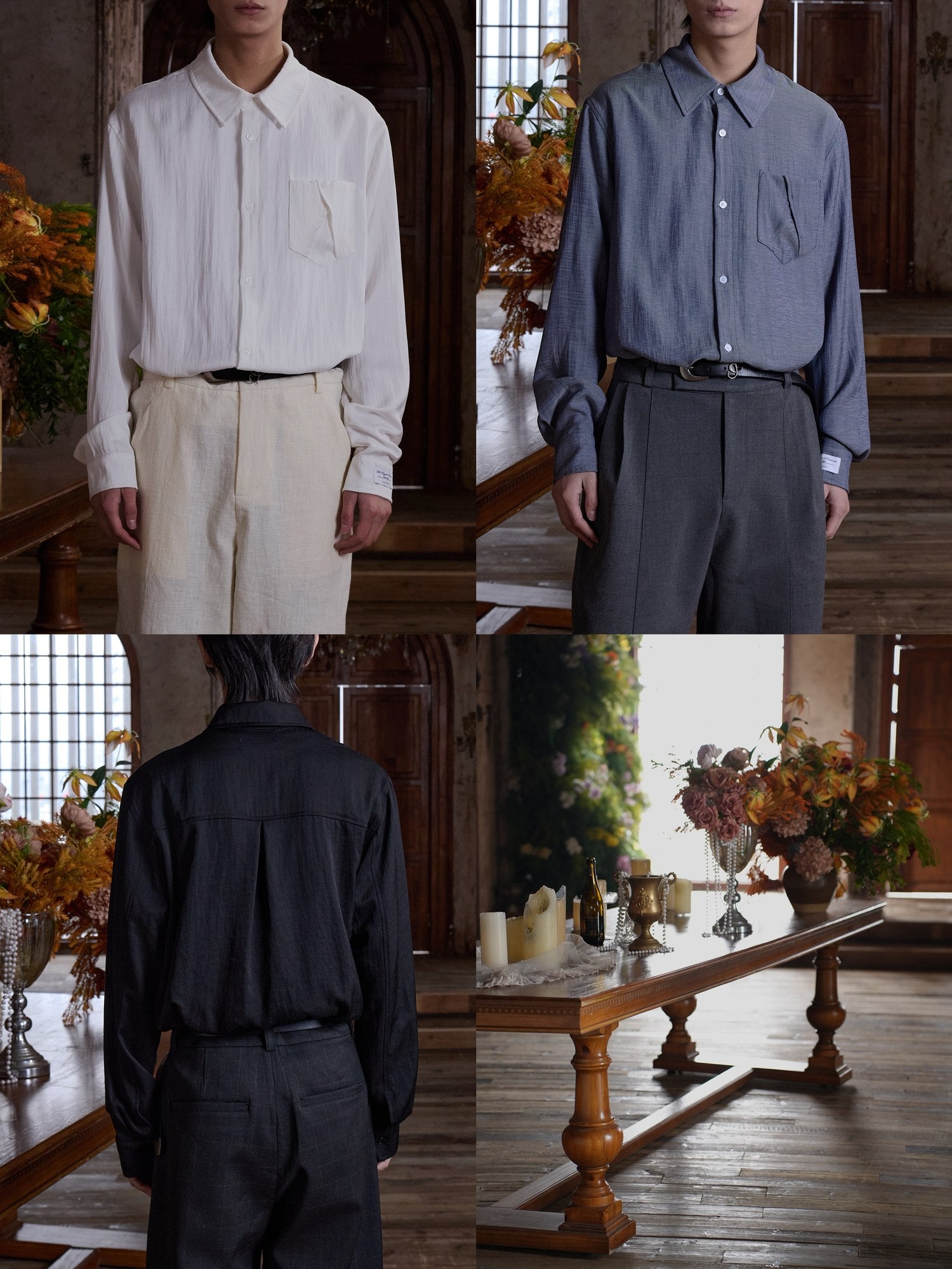 4JUNKS Silk Blend Recycled Polyester Loose Pleated Collar Men Office Long Sleeve Shirts