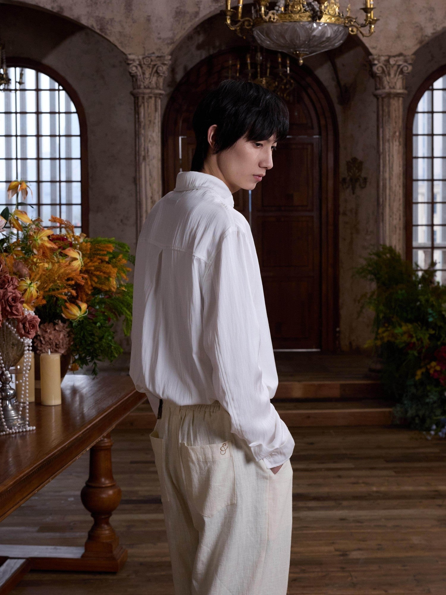 4JUNKS Silk Blend Recycled Polyester Loose Pleated Collar Men Office Long Sleeve Shirts