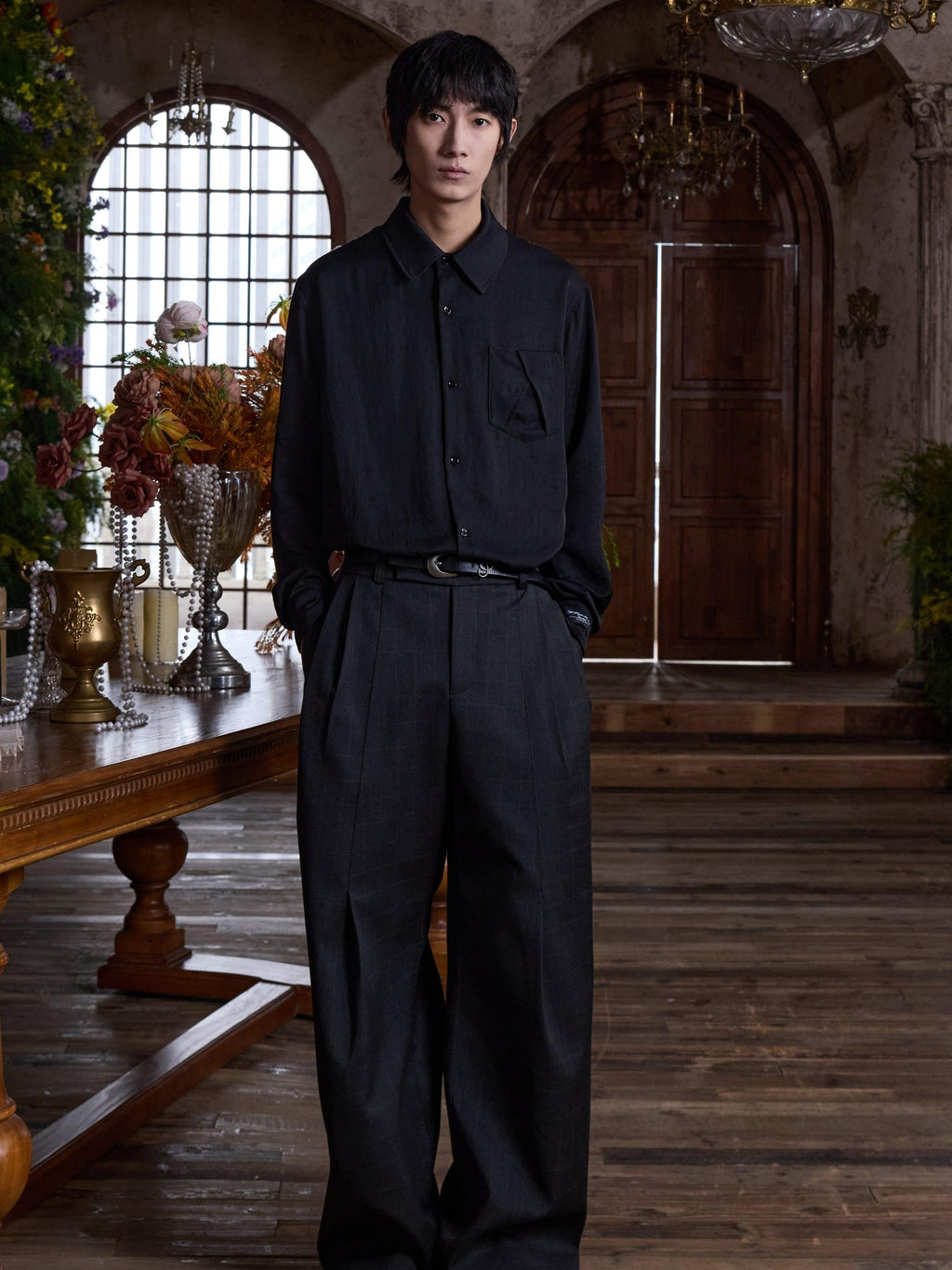 4JUNKS Silk Blend Recycled Polyester Loose Pleated Collar Men Office Long Sleeve Shirts