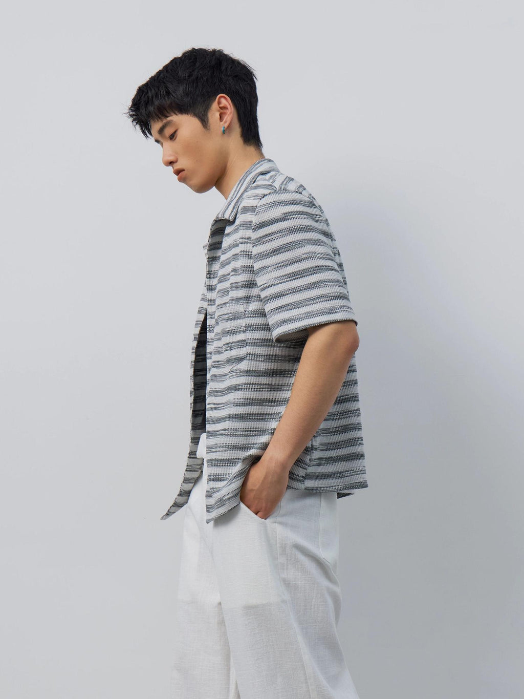 4JUNKS Soft Breathable Polycotton Loose Fit Striped Cuban Collar Button Unisex Shirts