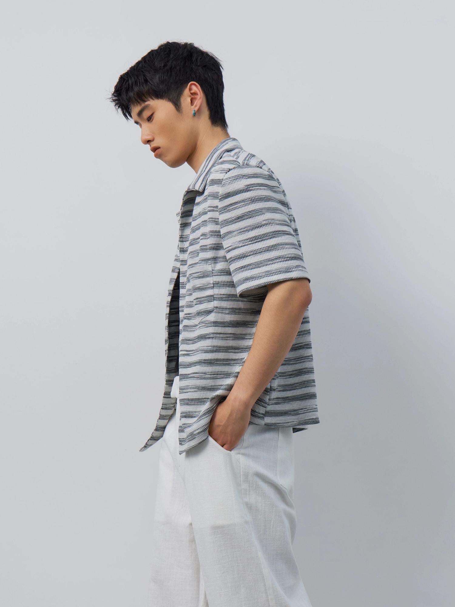 4JUNKS Soft Breathable Polycotton Loose Fit Striped Cuban Collar Button Unisex Shirts