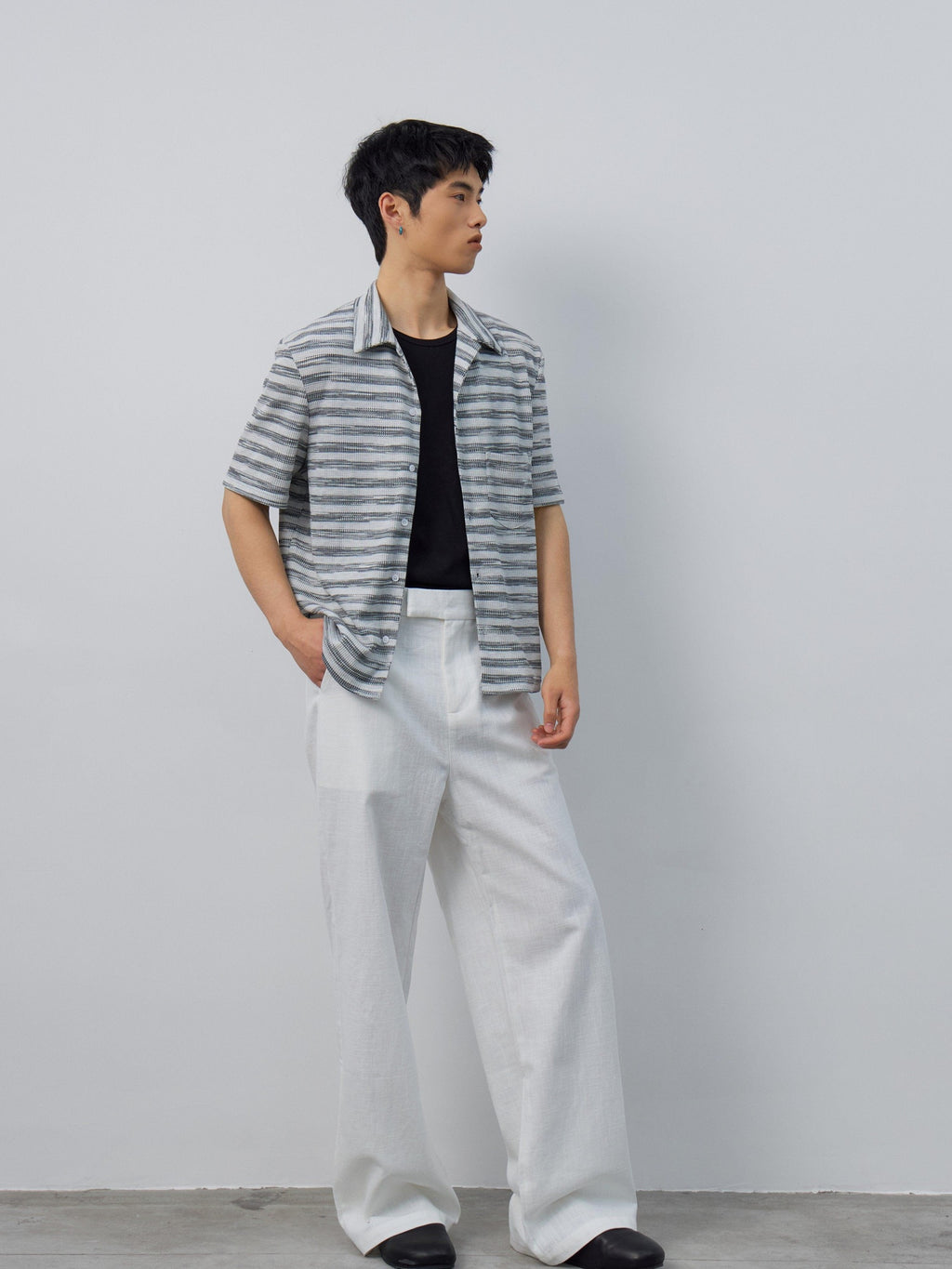 4JUNKS Soft Breathable Polycotton Loose Fit Striped Cuban Collar Button Unisex Shirts