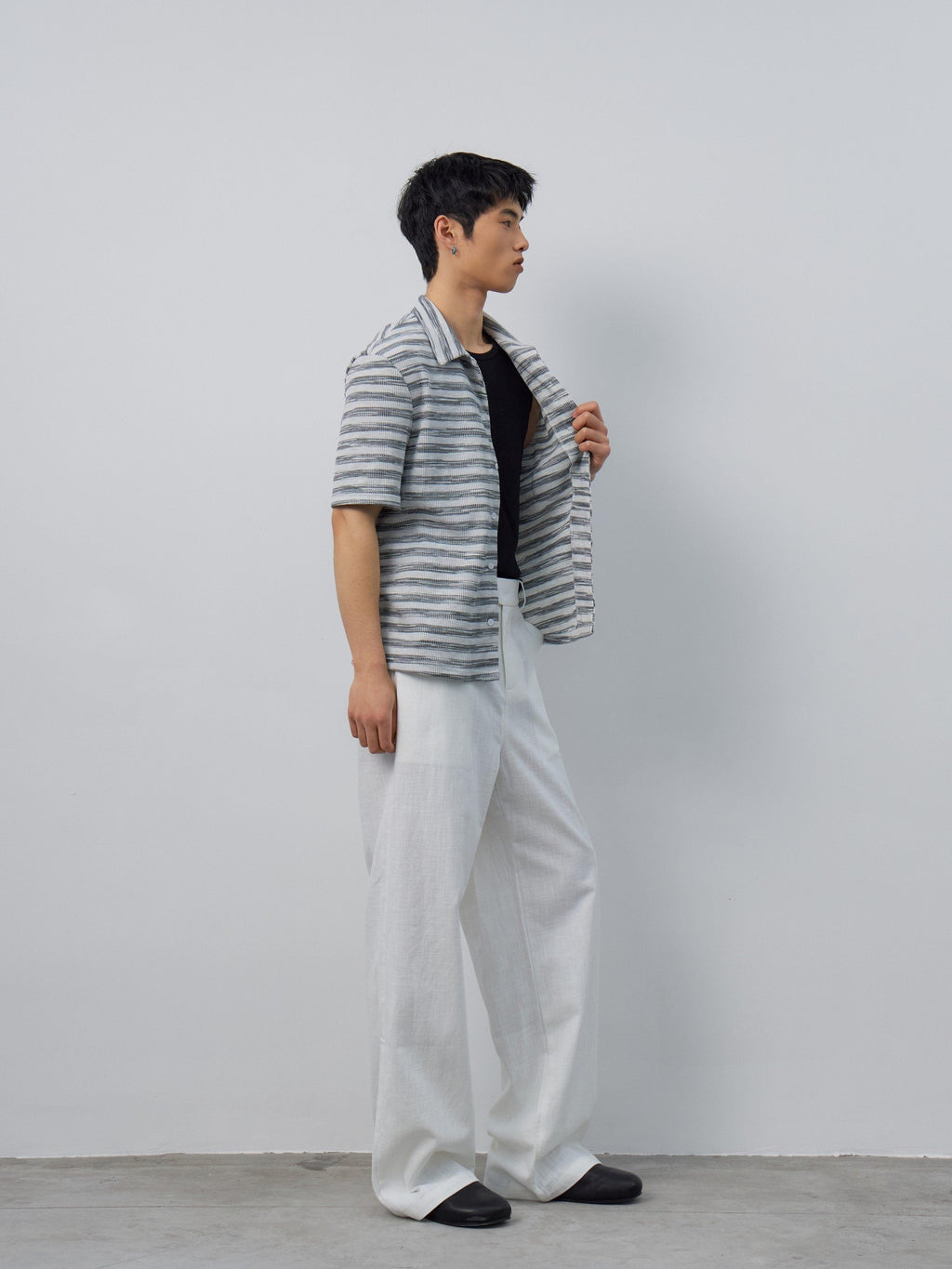 4JUNKS Soft Breathable Polycotton Loose Fit Striped Cuban Collar Button Unisex Shirts