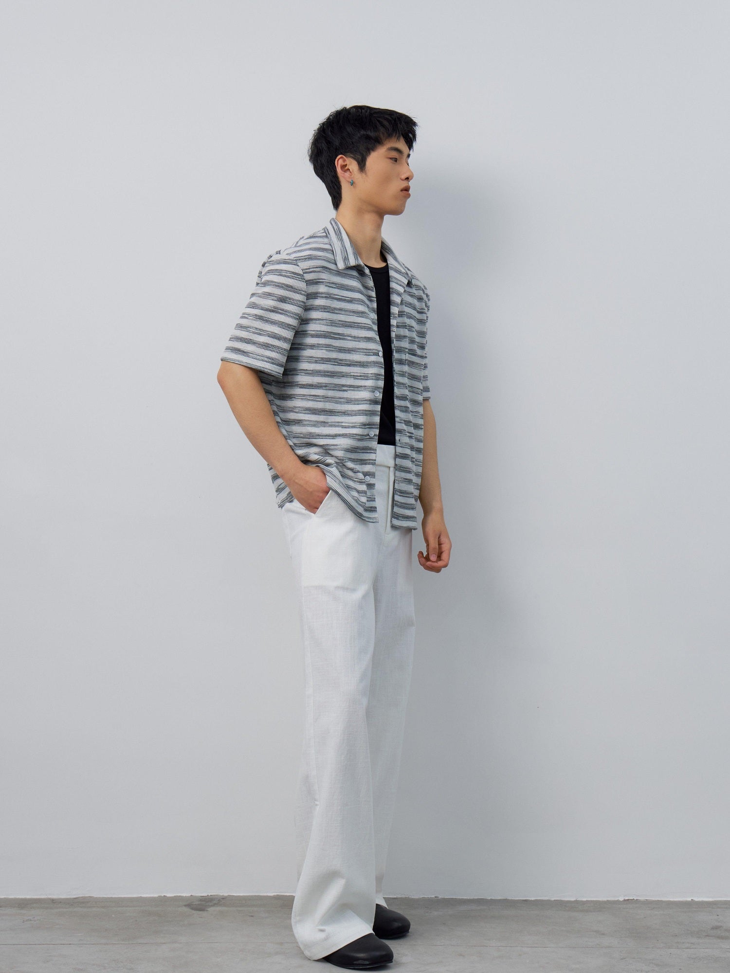 4JUNKS Soft Breathable Polycotton Loose Fit Striped Cuban Collar Button Unisex Shirts