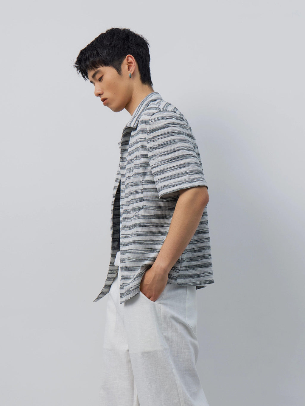 4JUNKS Soft Breathable Polycotton Loose Fit Striped Cuban Collar Button Unisex Shirts