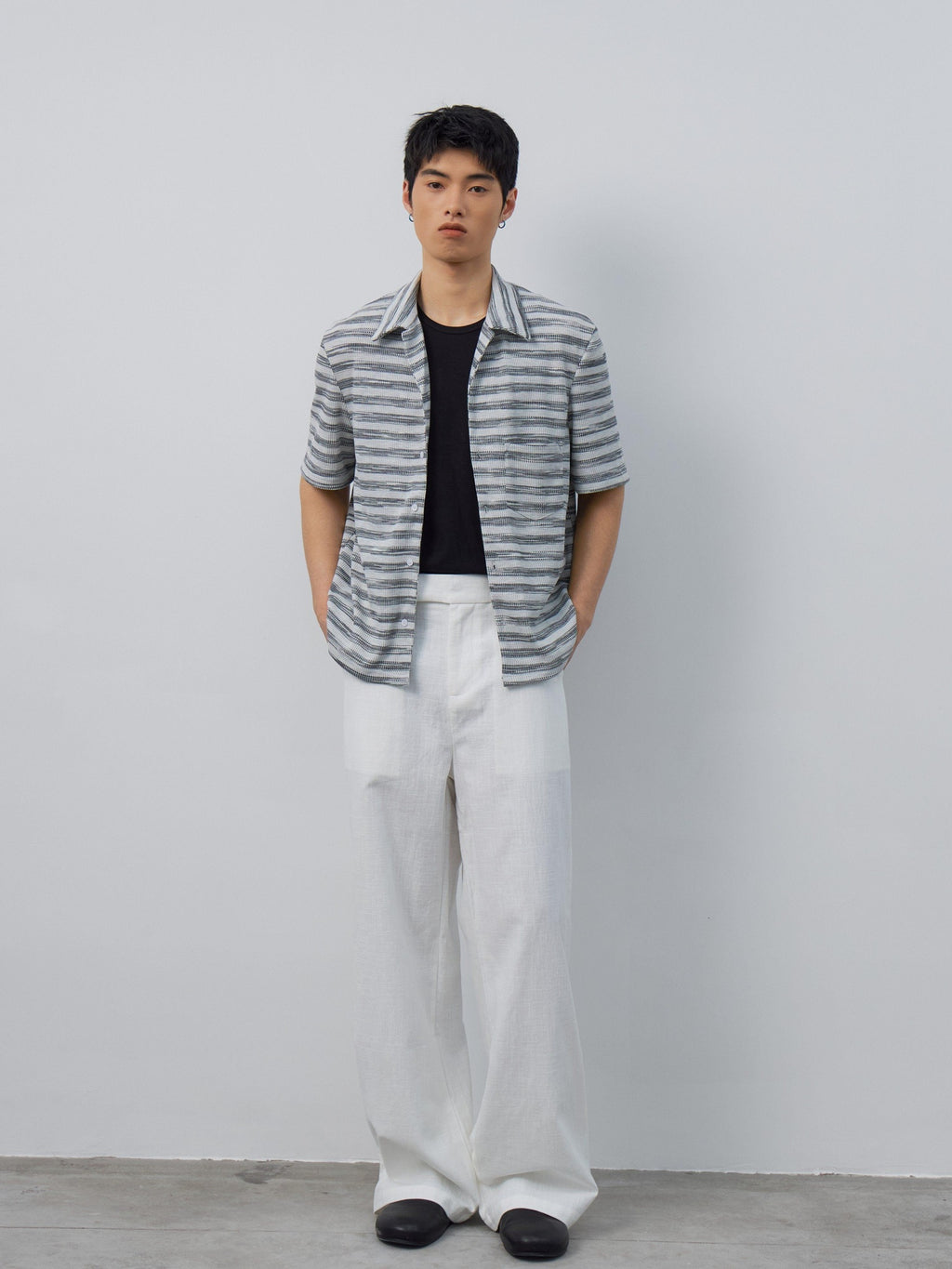 4JUNKS Soft Breathable Polycotton Loose Fit Striped Cuban Collar Button Unisex Shirts