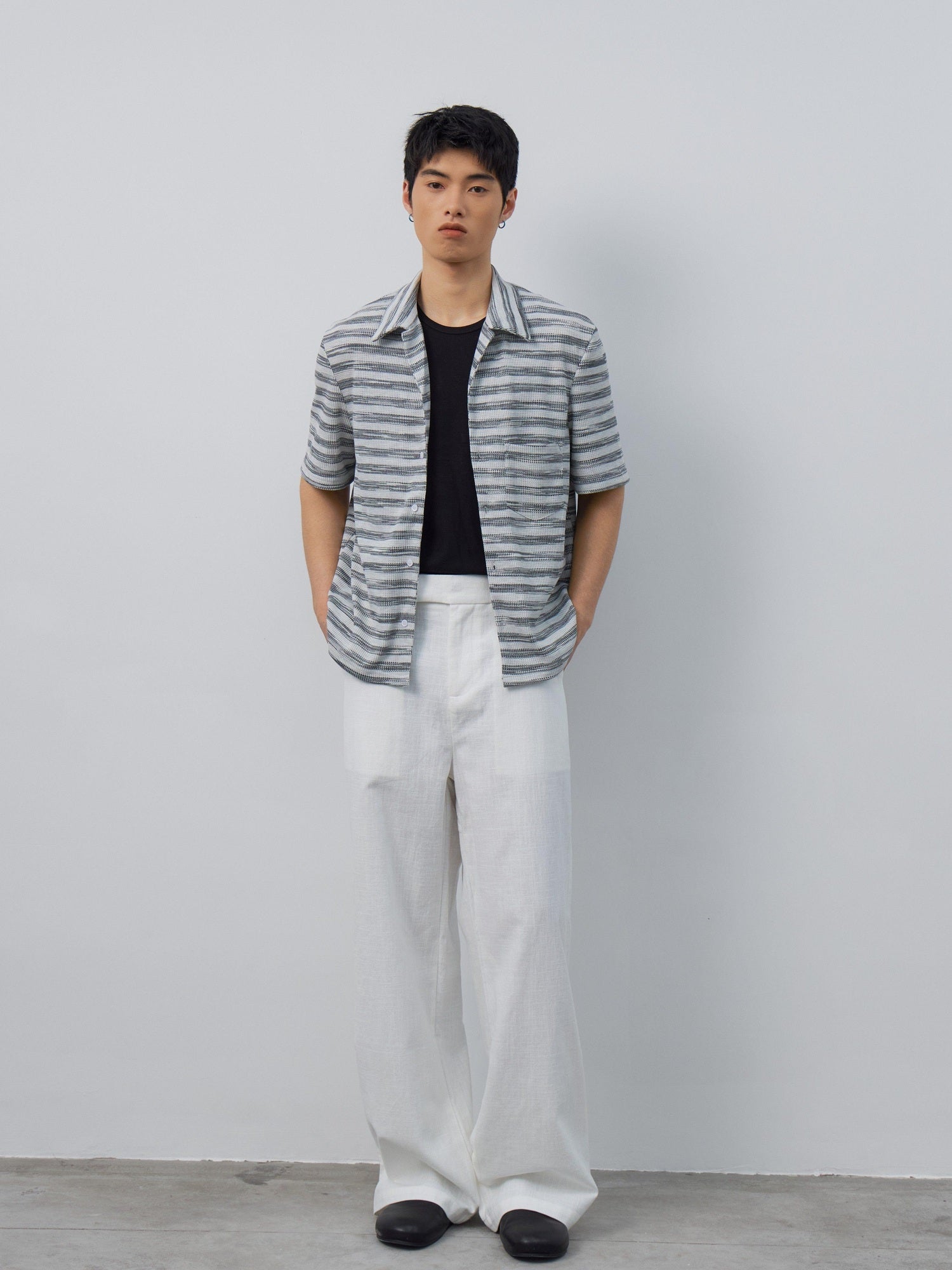4JUNKS Soft Breathable Polycotton Loose Fit Striped Cuban Collar Button Unisex Shirts