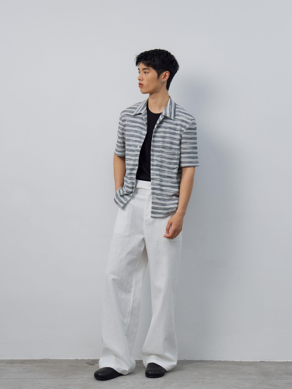 4JUNKS Soft Breathable Polycotton Loose Fit Striped Cuban Collar Button Unisex Shirts