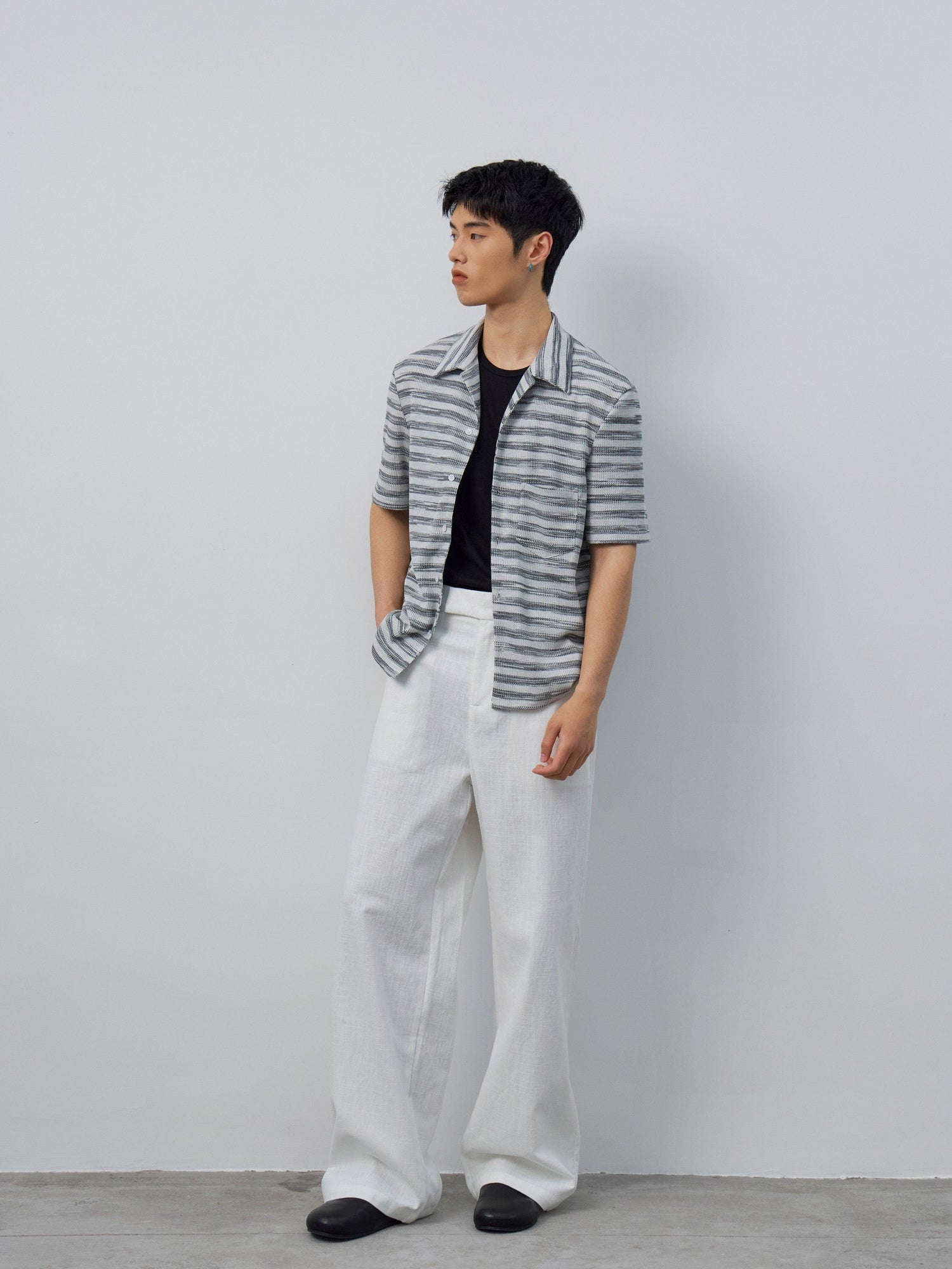 4JUNKS Soft Breathable Polycotton Loose Fit Striped Cuban Collar Button Unisex Shirts