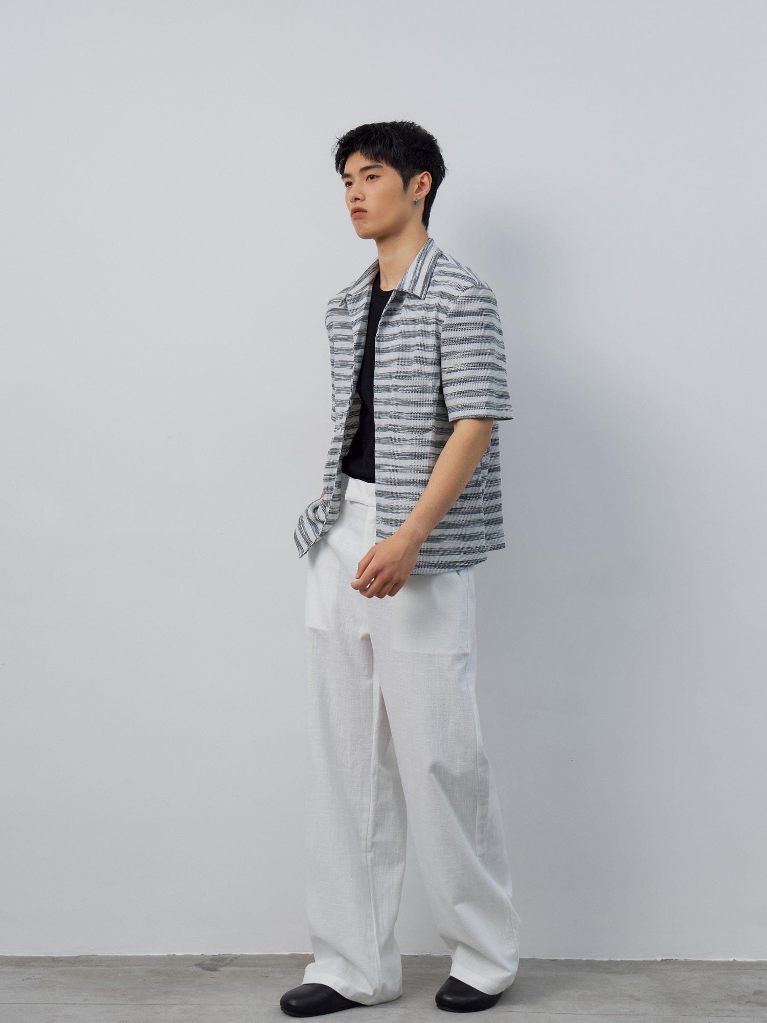 4JUNKS Soft Breathable Polycotton Loose Fit Striped Cuban Collar Button Unisex Shirts