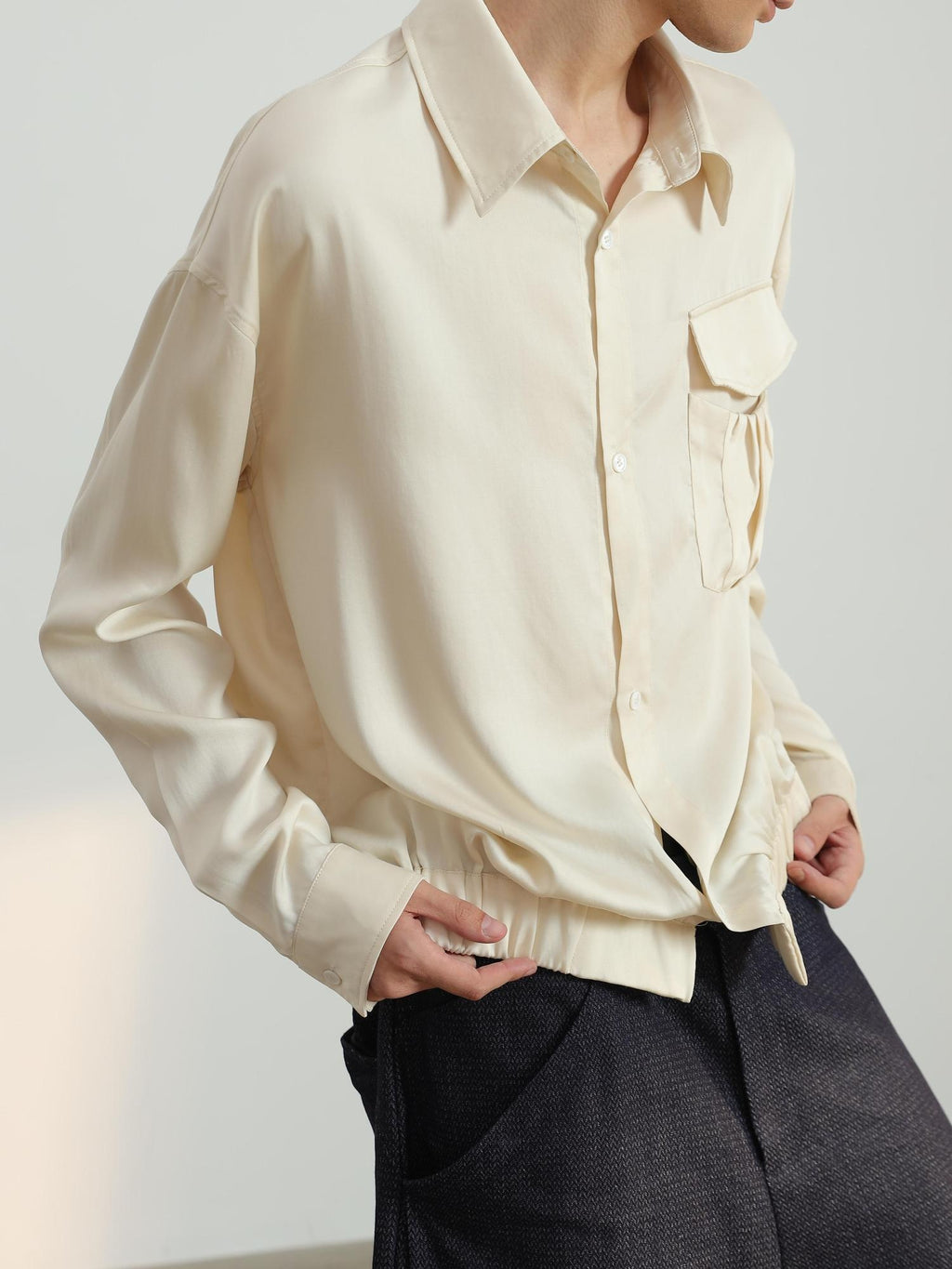 4JUNKS Soft Lyocell Fitted Clean Lapel Pocket Unisex Almond Long Sleeve Cardigan Shirts