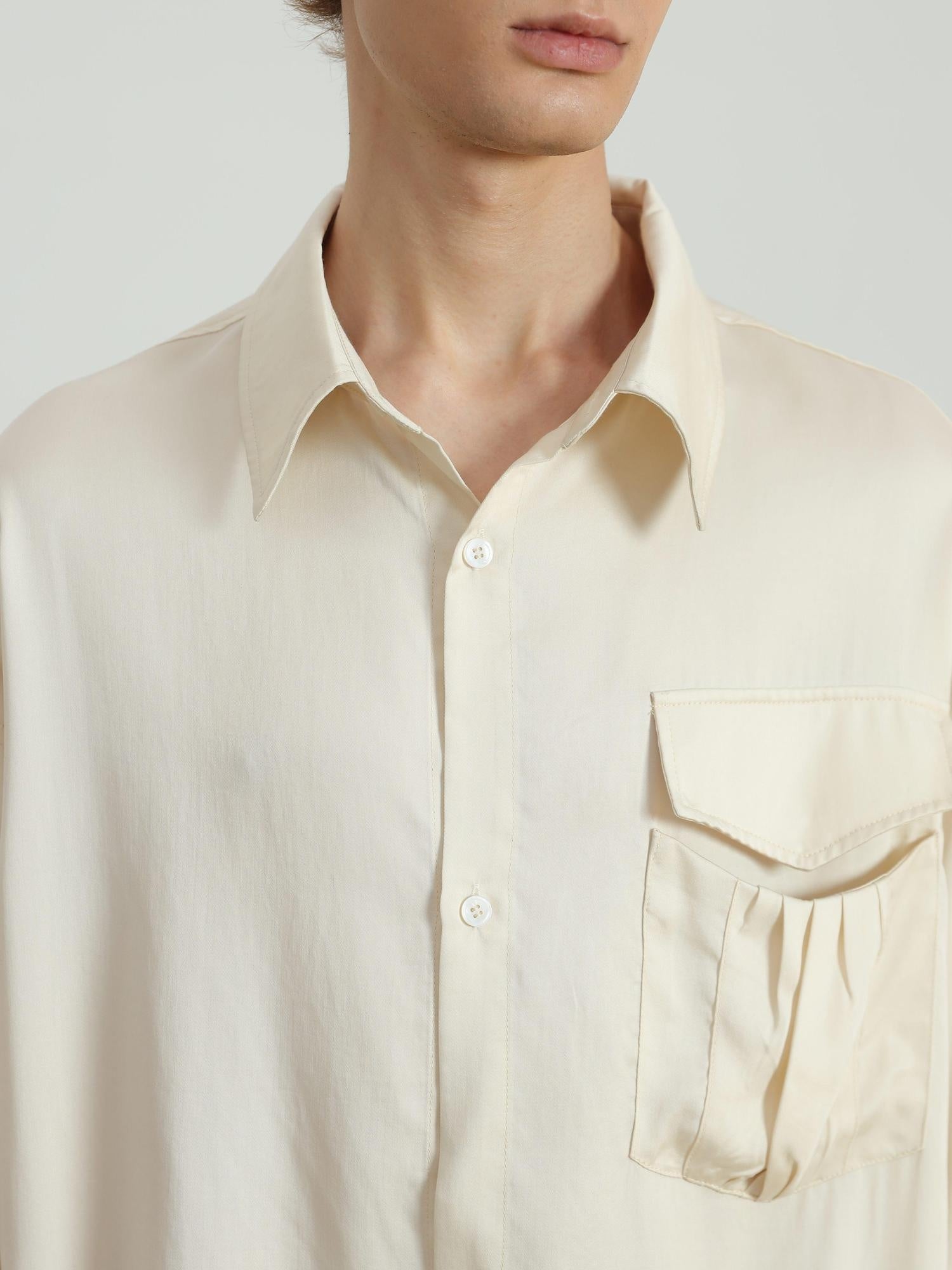 4JUNKS Soft Lyocell Fitted Clean Lapel Pocket Unisex Almond Long Sleeve Cardigan Shirts
