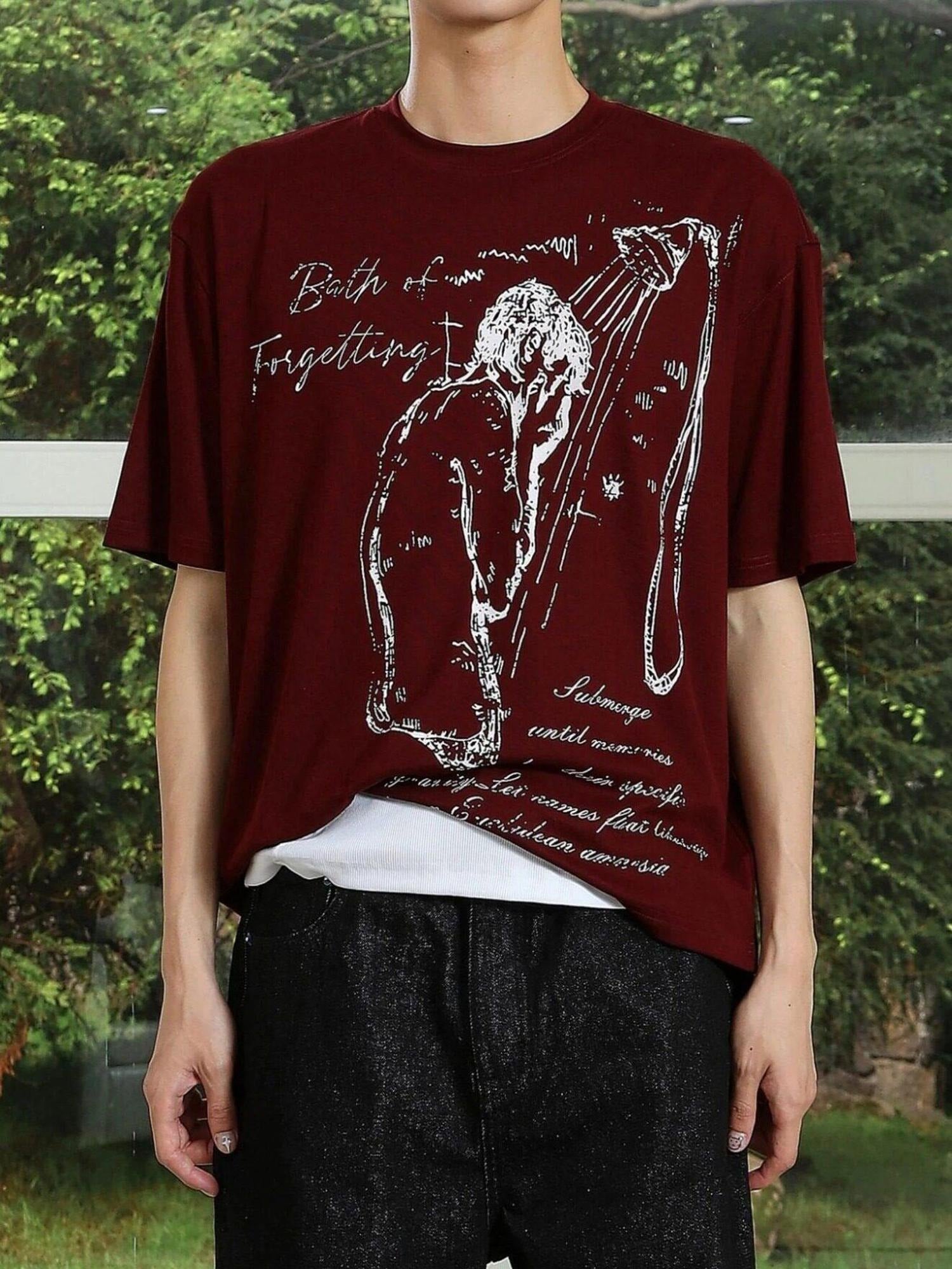 4JUNKS Soft Lyocell Regular Trendy Unisex Wine Red Graphic Print Short Sleeve T-Shirts