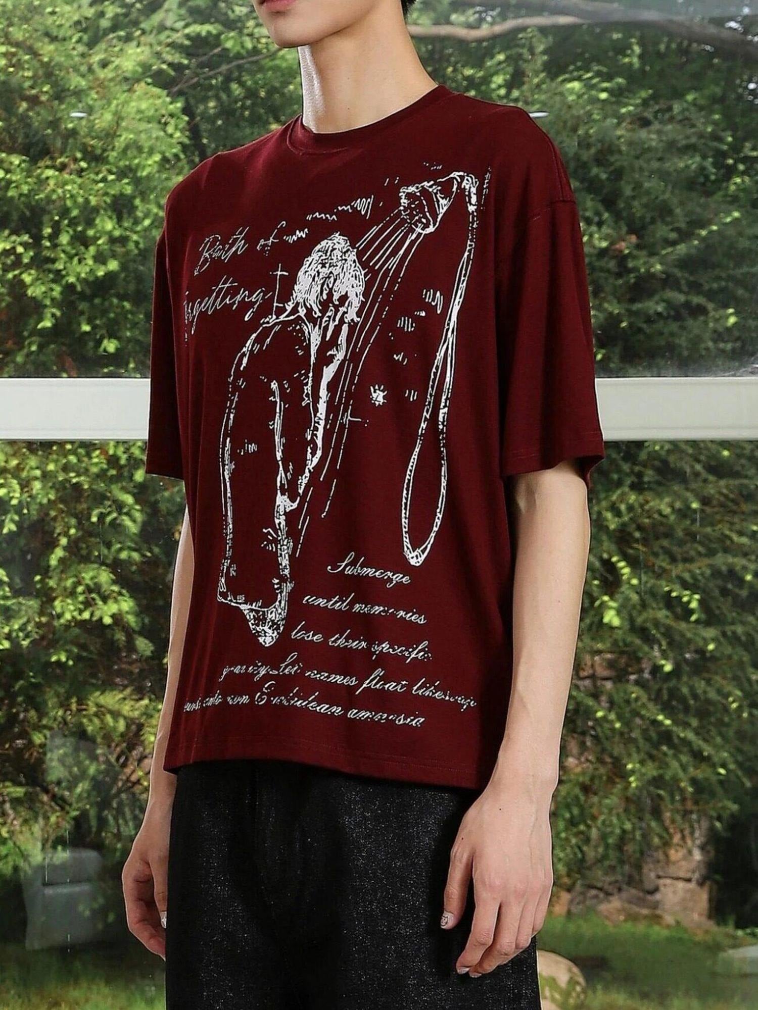 4JUNKS Soft Lyocell Regular Trendy Unisex Wine Red Graphic Print Short Sleeve T-Shirts