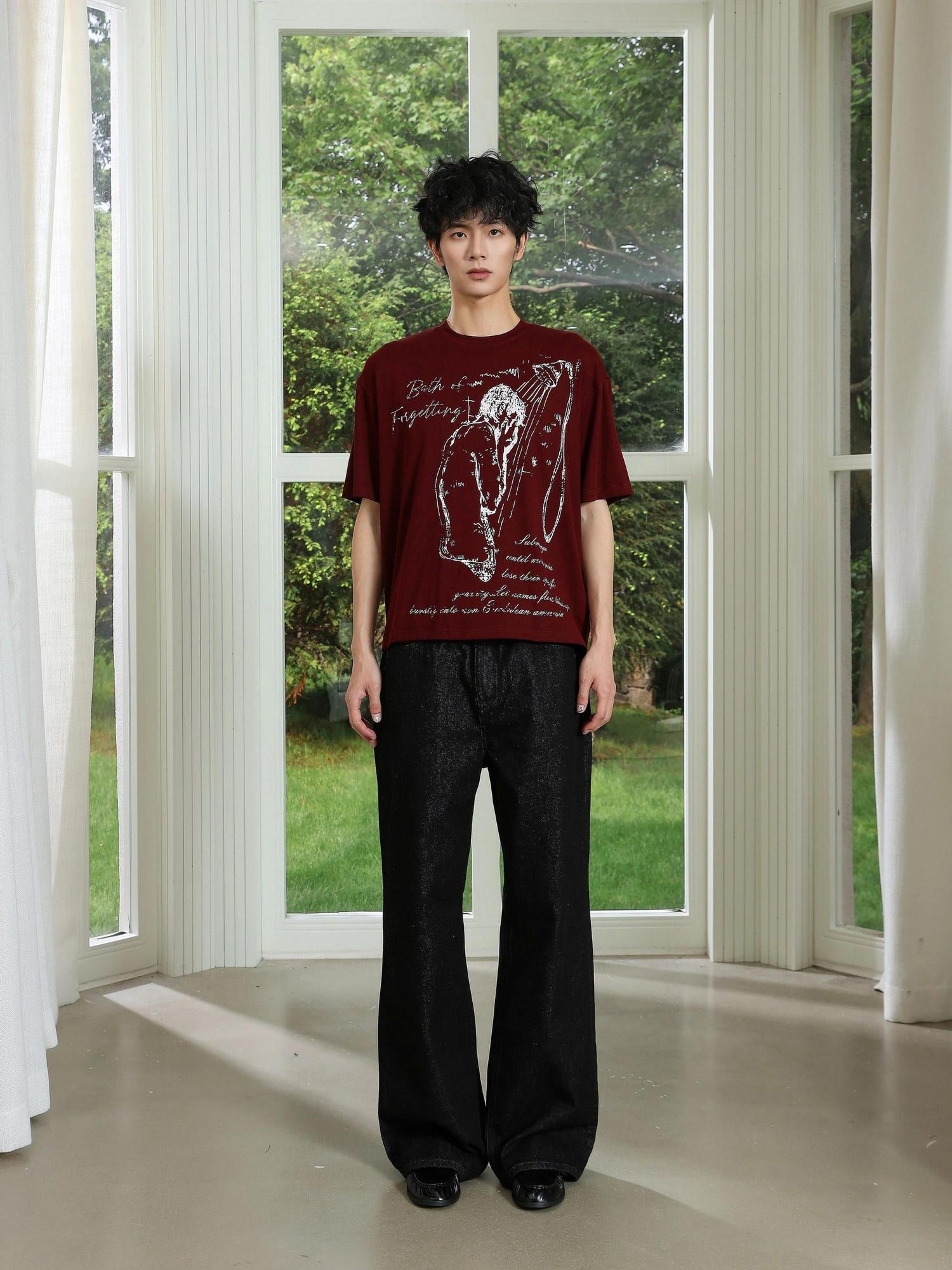 4JUNKS Soft Lyocell Regular Trendy Unisex Wine Red Graphic Print Short Sleeve T-Shirts