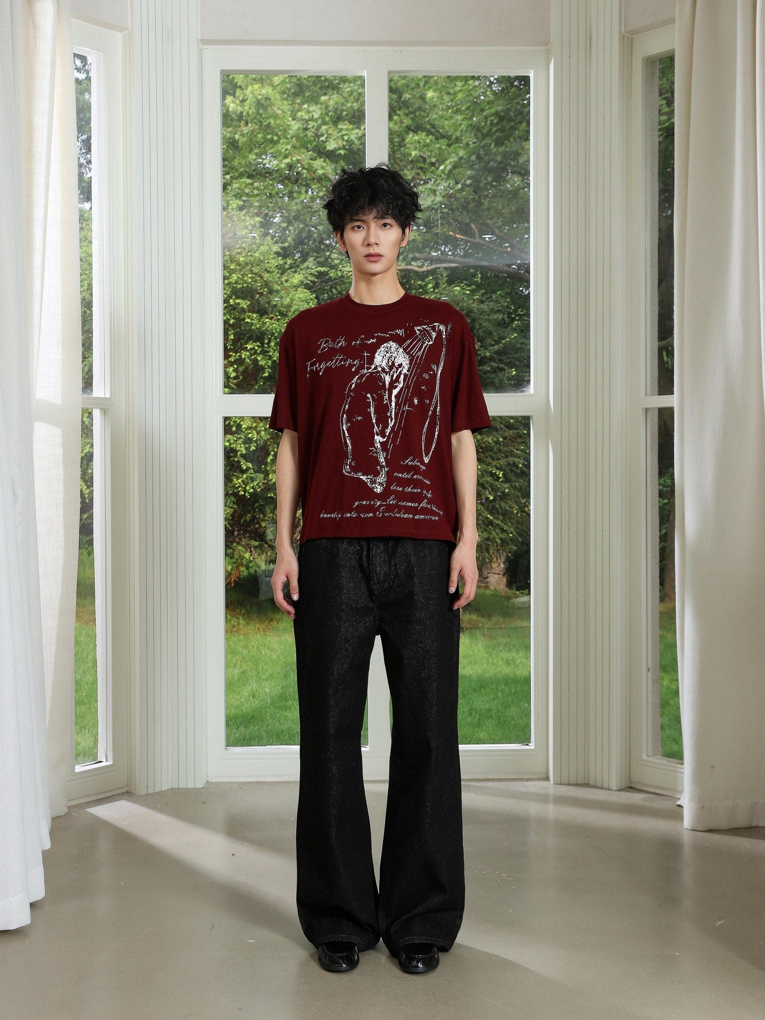 4JUNKS Soft Lyocell Regular Trendy Unisex Wine Red Graphic Print Short Sleeve T-Shirts