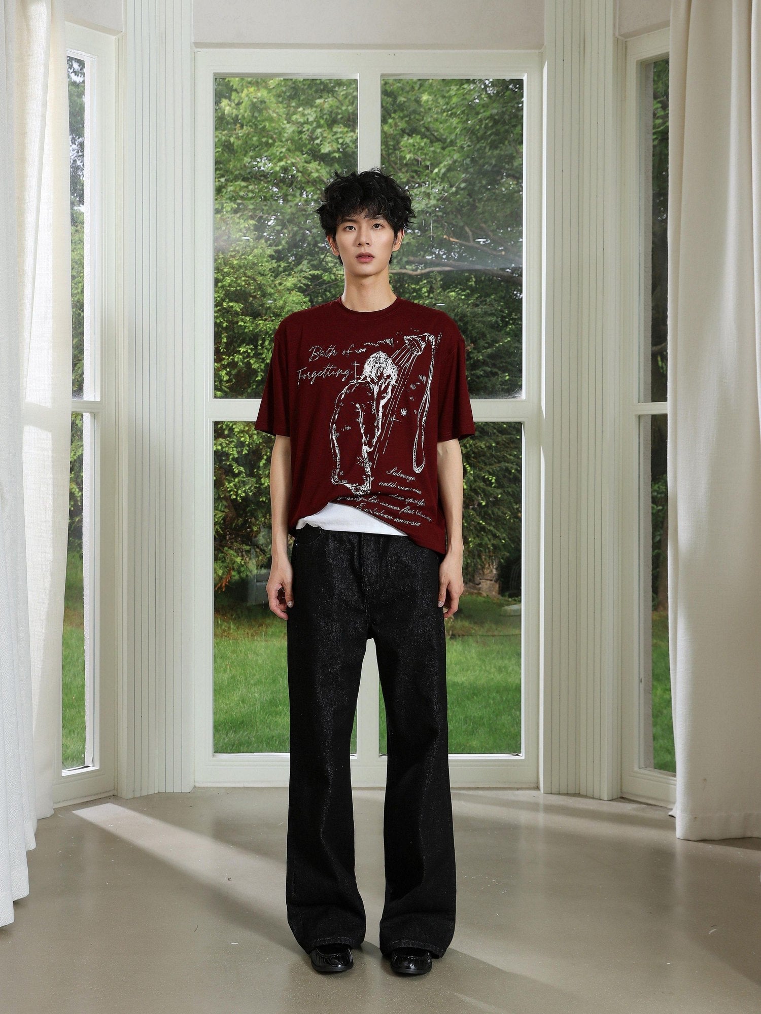 4JUNKS Soft Lyocell Regular Trendy Unisex Wine Red Graphic Print Short Sleeve T-Shirts