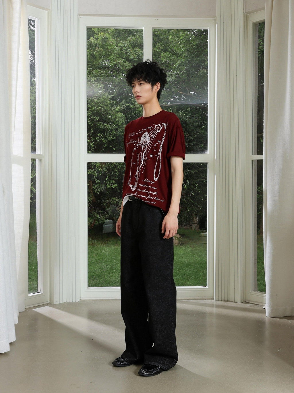 4JUNKS Soft Lyocell Regular Trendy Unisex Wine Red Graphic Print Short Sleeve T-Shirts
