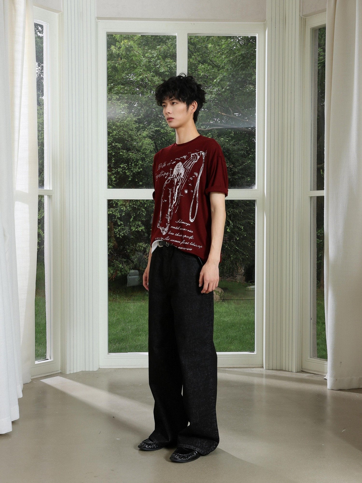 4JUNKS Soft Lyocell Regular Trendy Unisex Wine Red Graphic Print Short Sleeve T-Shirts