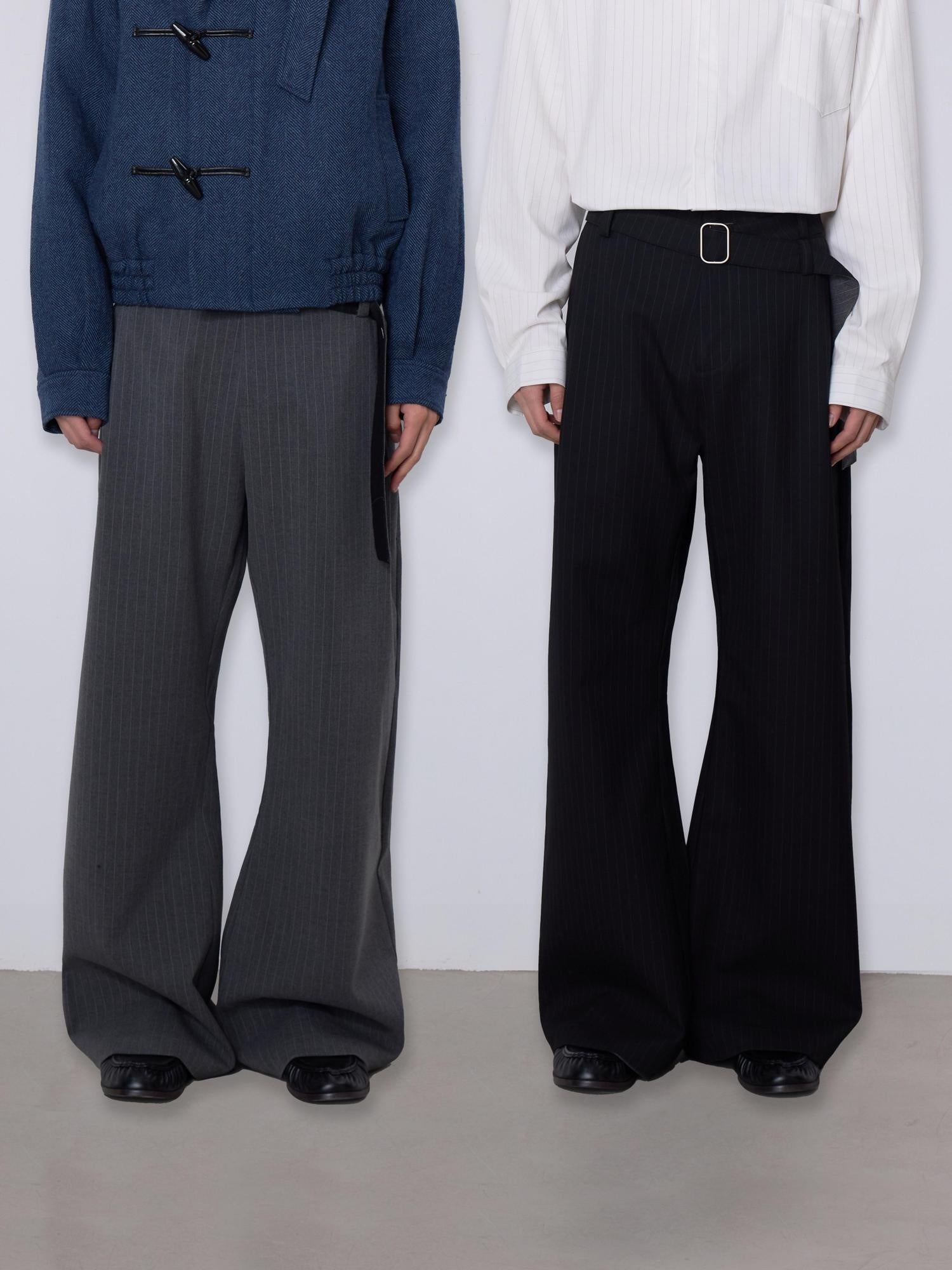 4JUNKS Stretch Polyester Blend Loose Fit Casual Striped Black Gray Straight Pants