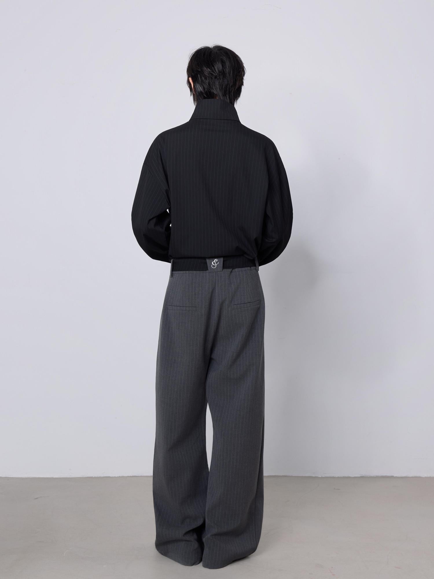 4JUNKS Stretch Polyester Blend Loose Fit Casual Striped Black Gray Straight Pants