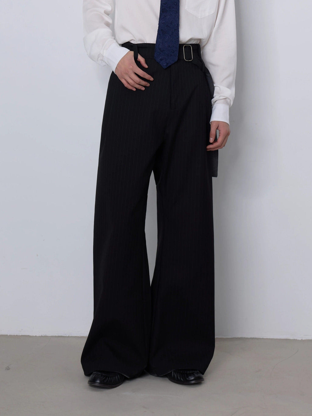 4JUNKS Stretch Polyester Blend Loose Fit Casual Striped Black Gray Straight Pants