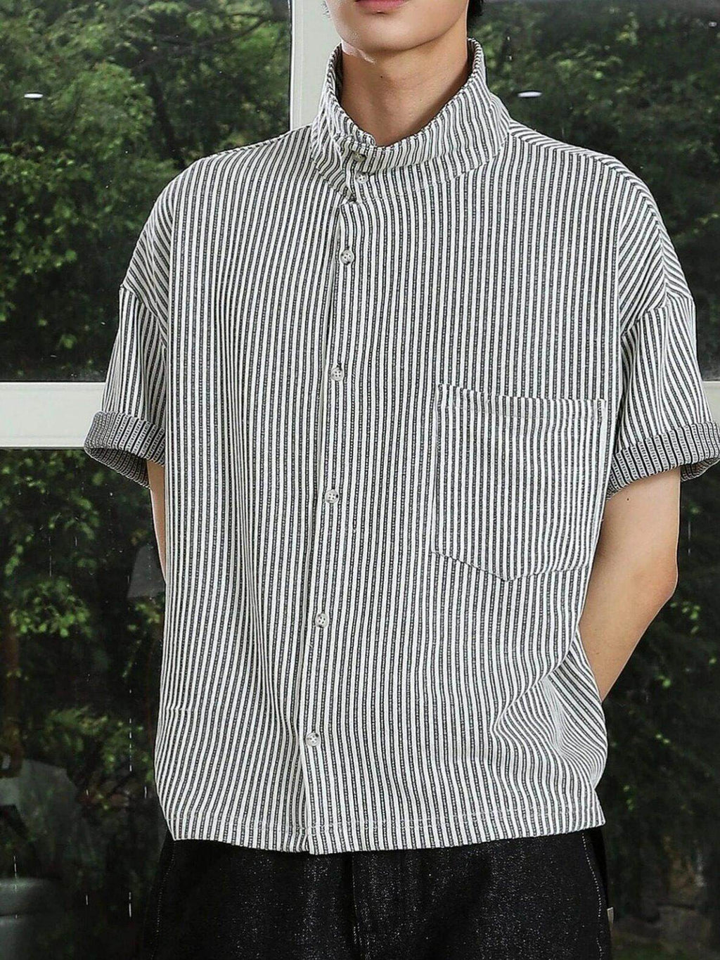 4JUNKS Stretch Striped Loose Fit Camp Collar Open Front Unisex Short Sleeve Shirts