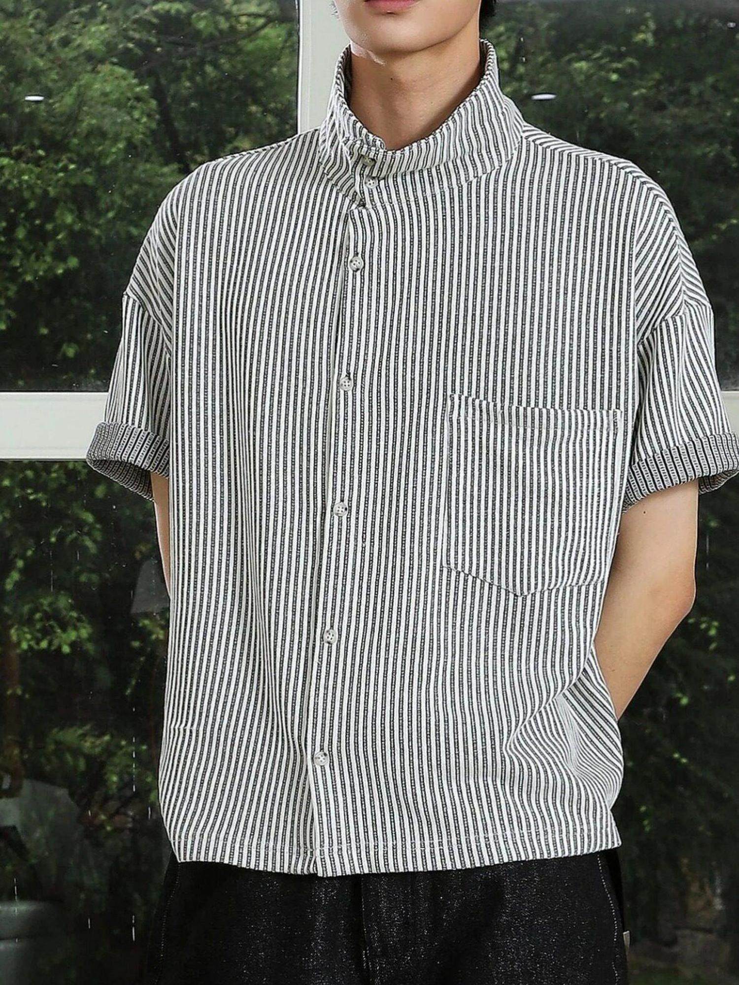 4JUNKS Stretch Striped Loose Fit Camp Collar Open Front Unisex Short Sleeve Shirts