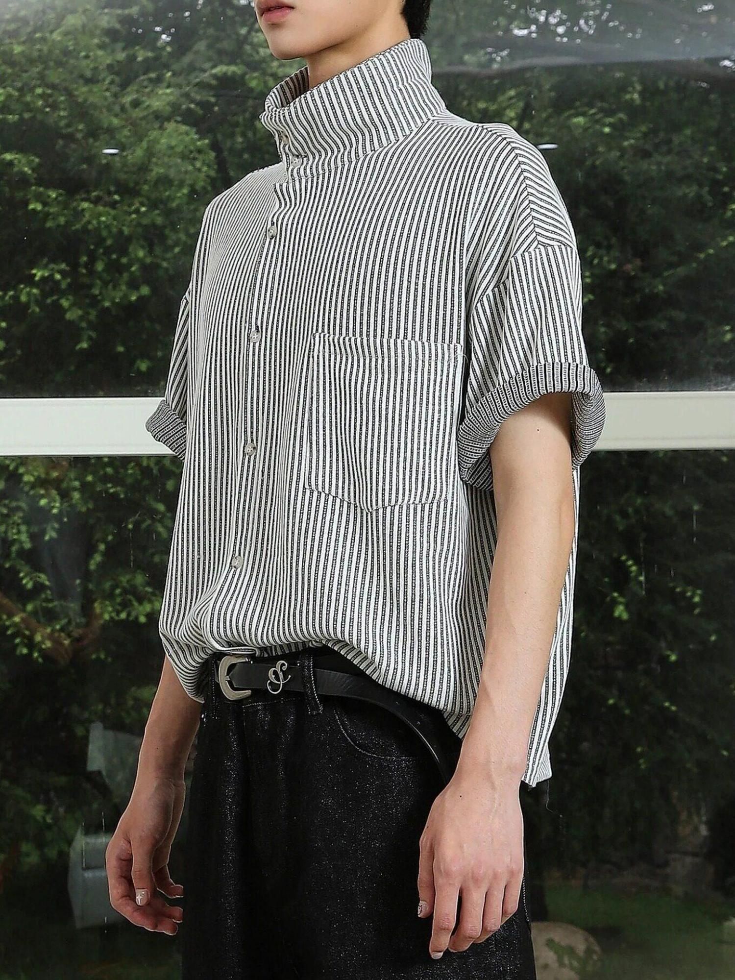 4JUNKS Stretch Striped Loose Fit Camp Collar Open Front Unisex Short Sleeve Shirts
