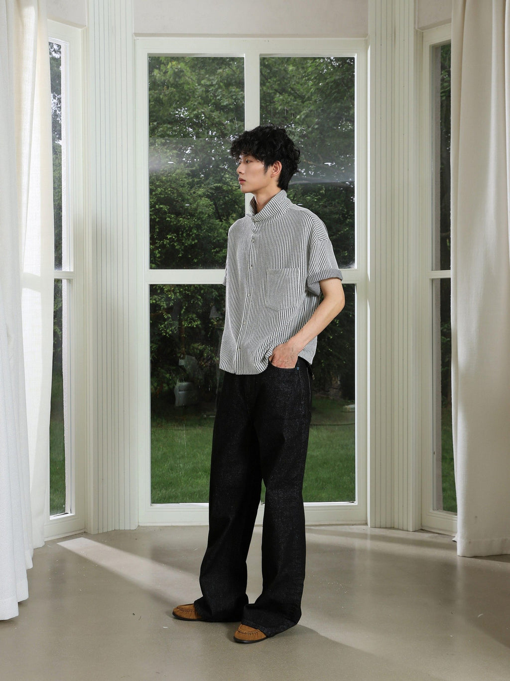 4JUNKS Stretch Striped Loose Fit Camp Collar Open Front Unisex Short Sleeve Shirts