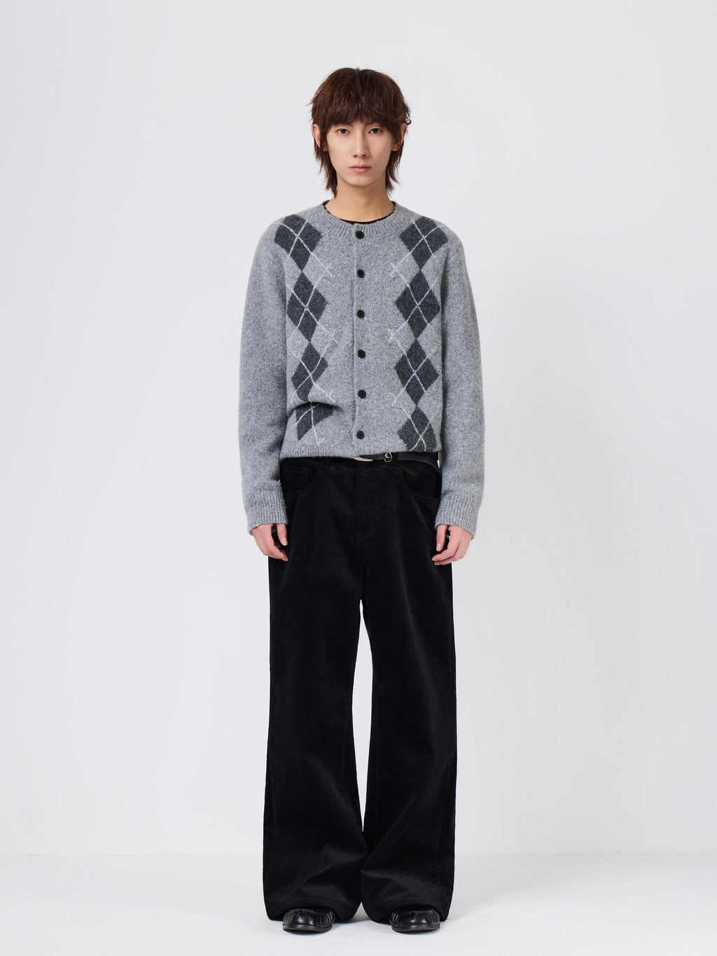 Warm Knit Diamond Crew Neck Long Sleeve Men Citywalk Wool Blend Cardigans