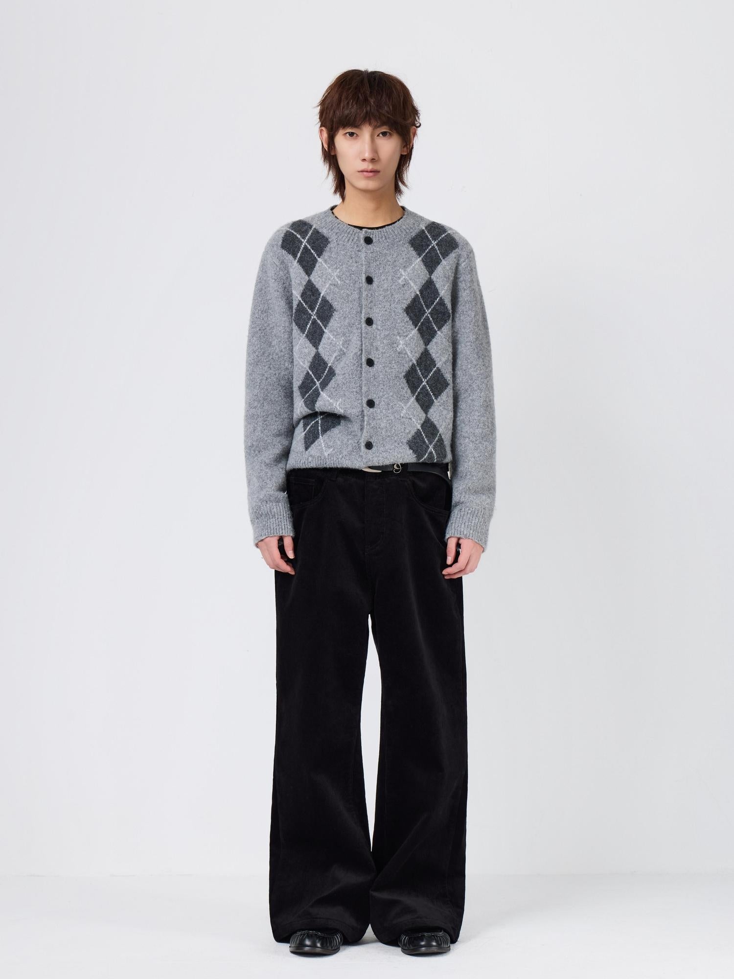 Warm Knit Diamond Crew Neck Long Sleeve Men Citywalk Wool Blend Cardigans